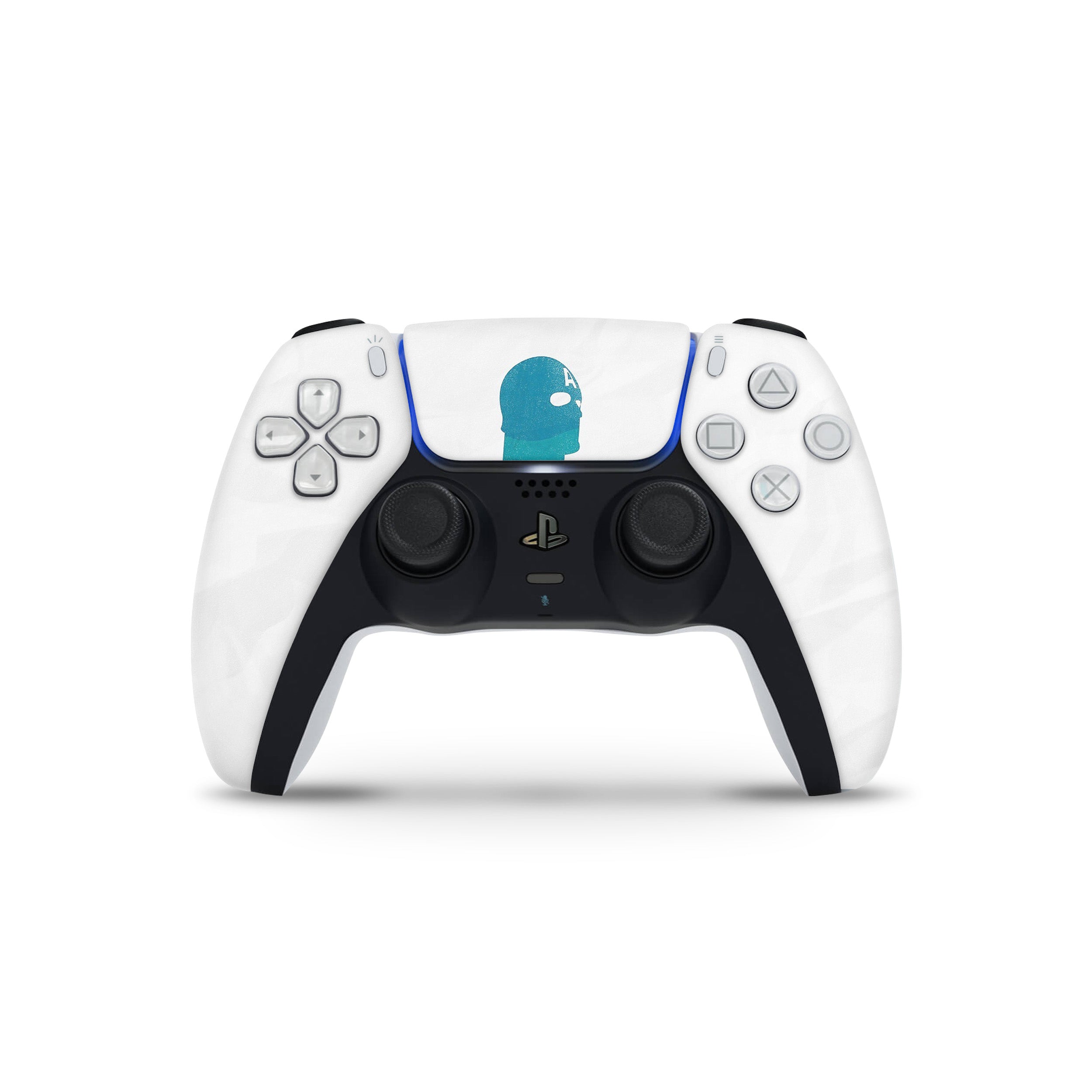 A video game skin featuring a Marvel Captain America design for the PS5 DualSense Controller.