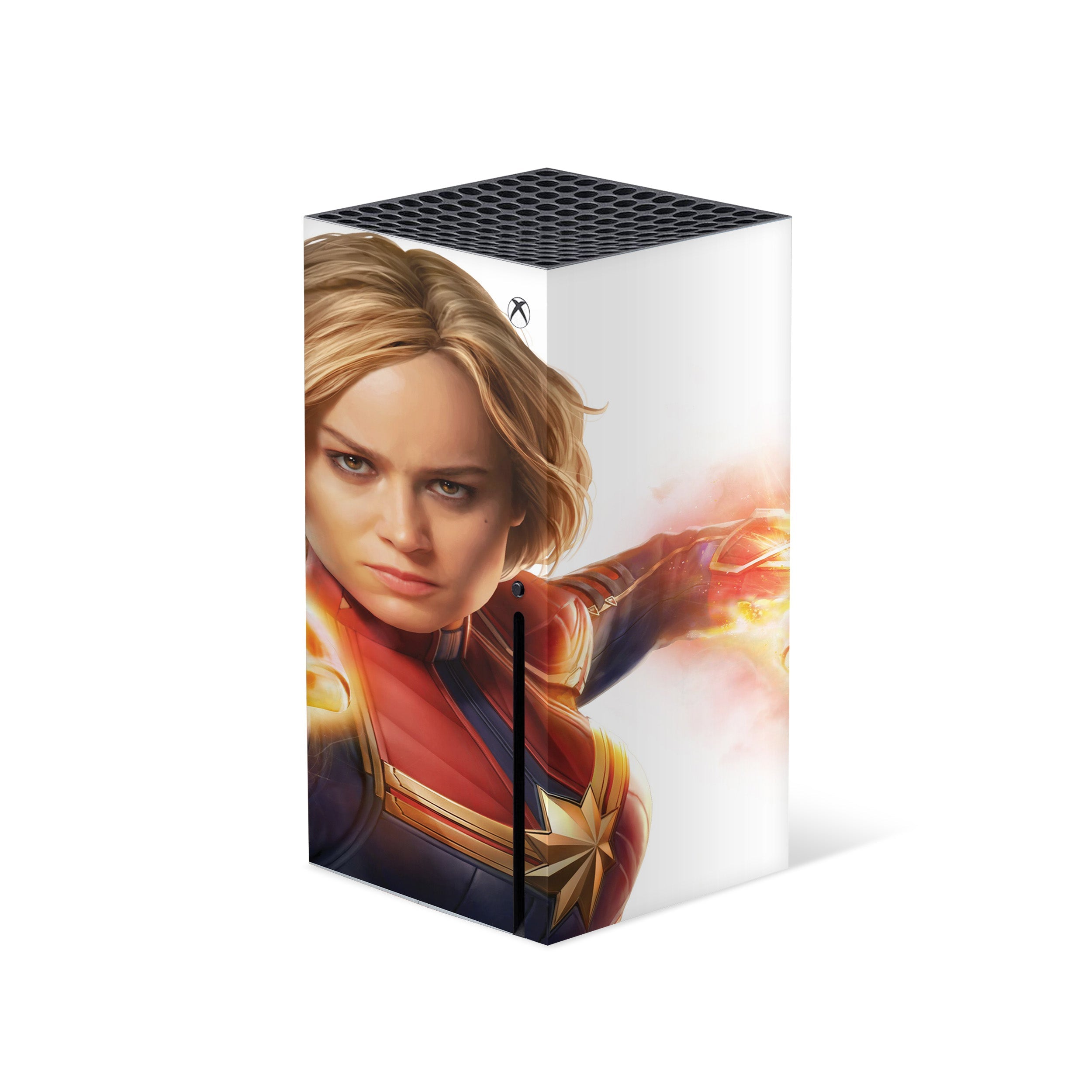 A video game skin featuring a Marvel Captain Marvel design for the Xbox Series X.