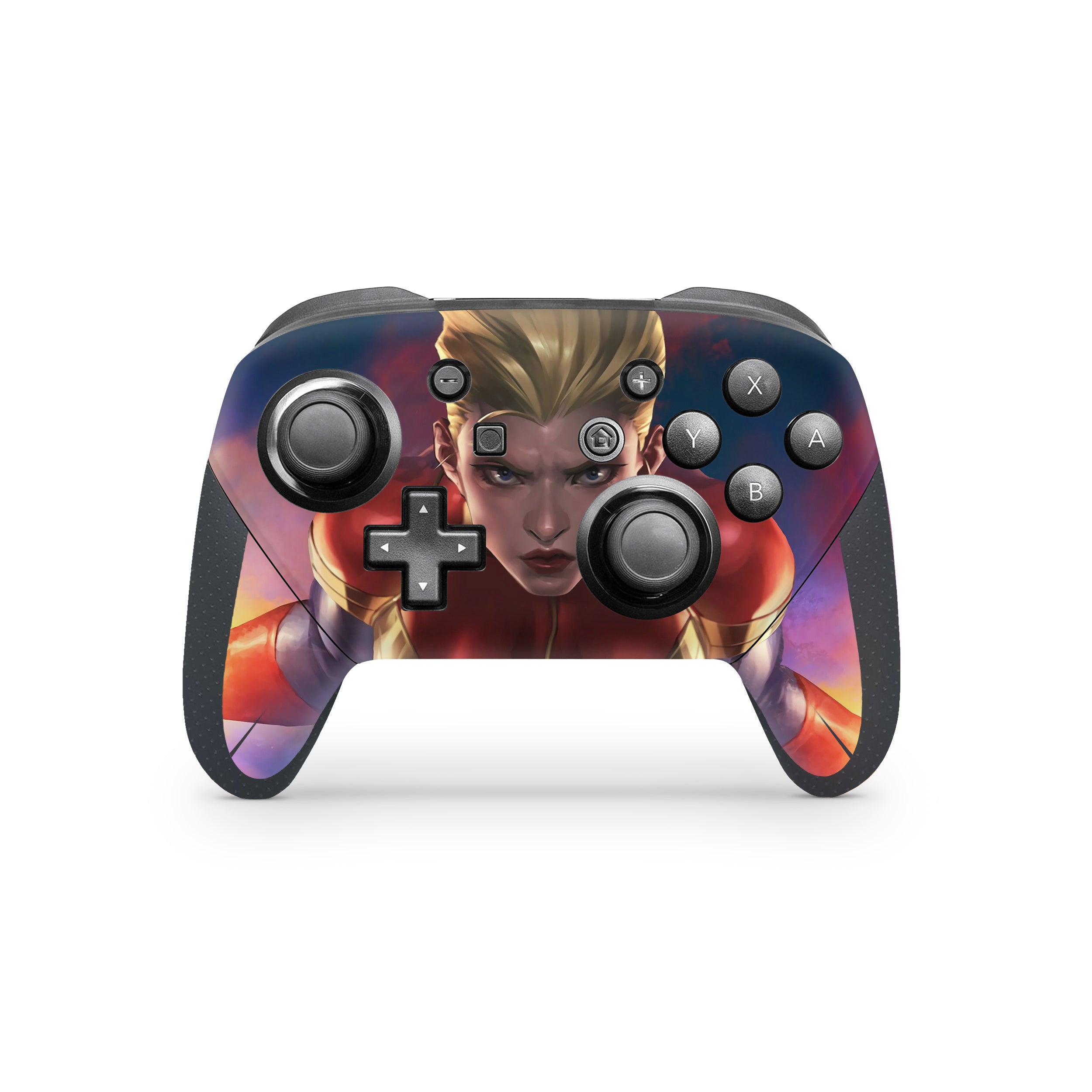 A video game skin featuring a Marvel Captain Marvel design for the Switch Pro Controller.