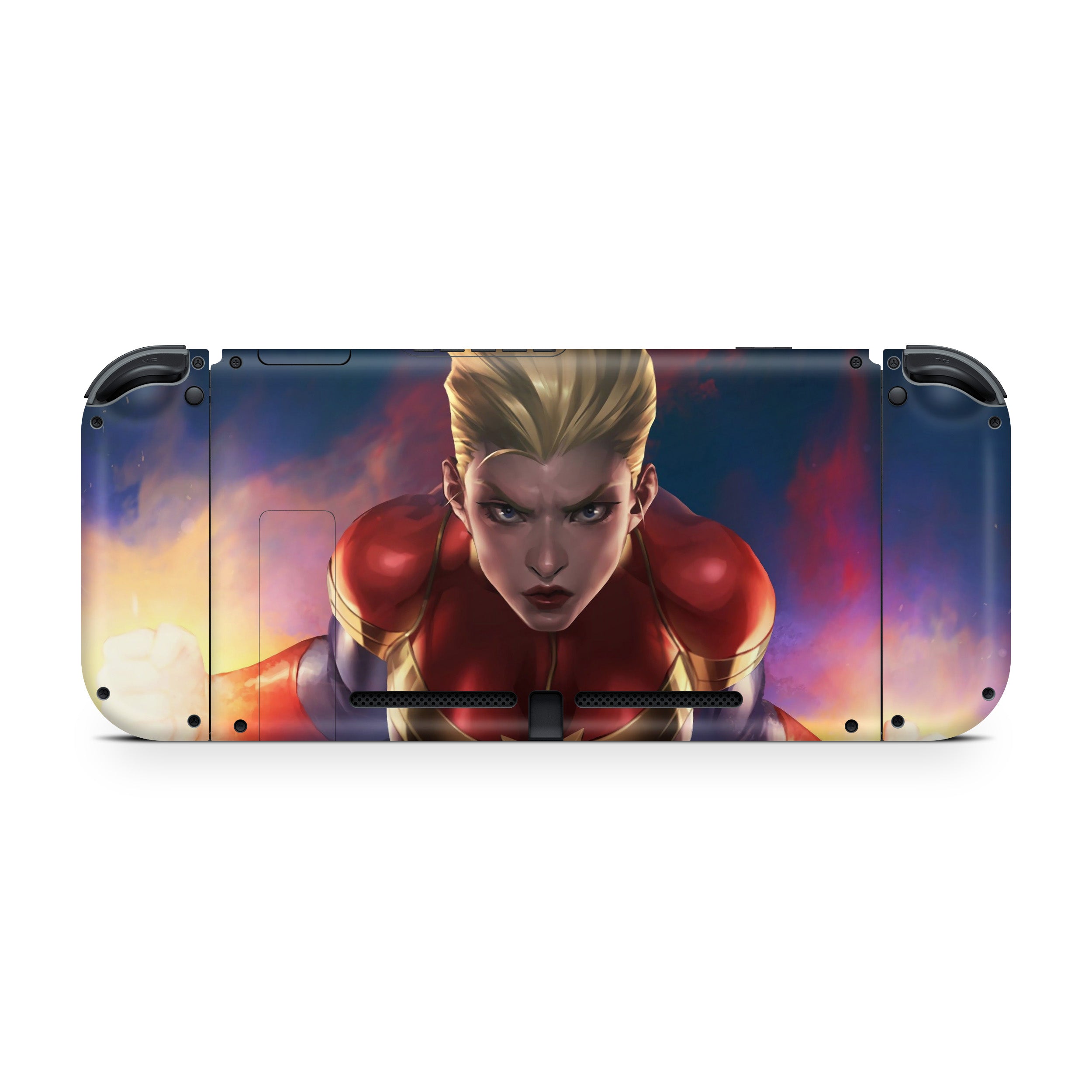 A video game skin featuring a Marvel Captain Marvel design for the Nintendo Switch.