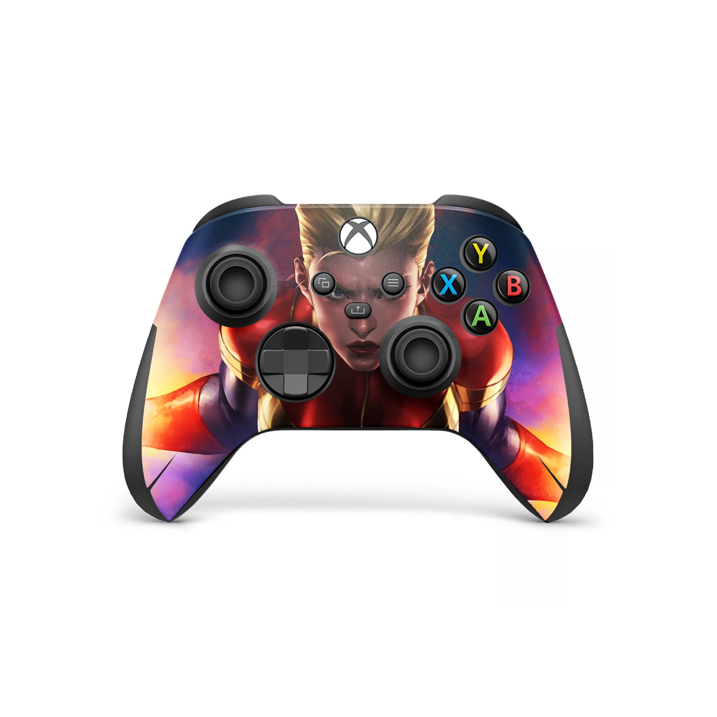 A video game skin featuring a Marvel Captain Marvel design for the Xbox Wireless Controller.