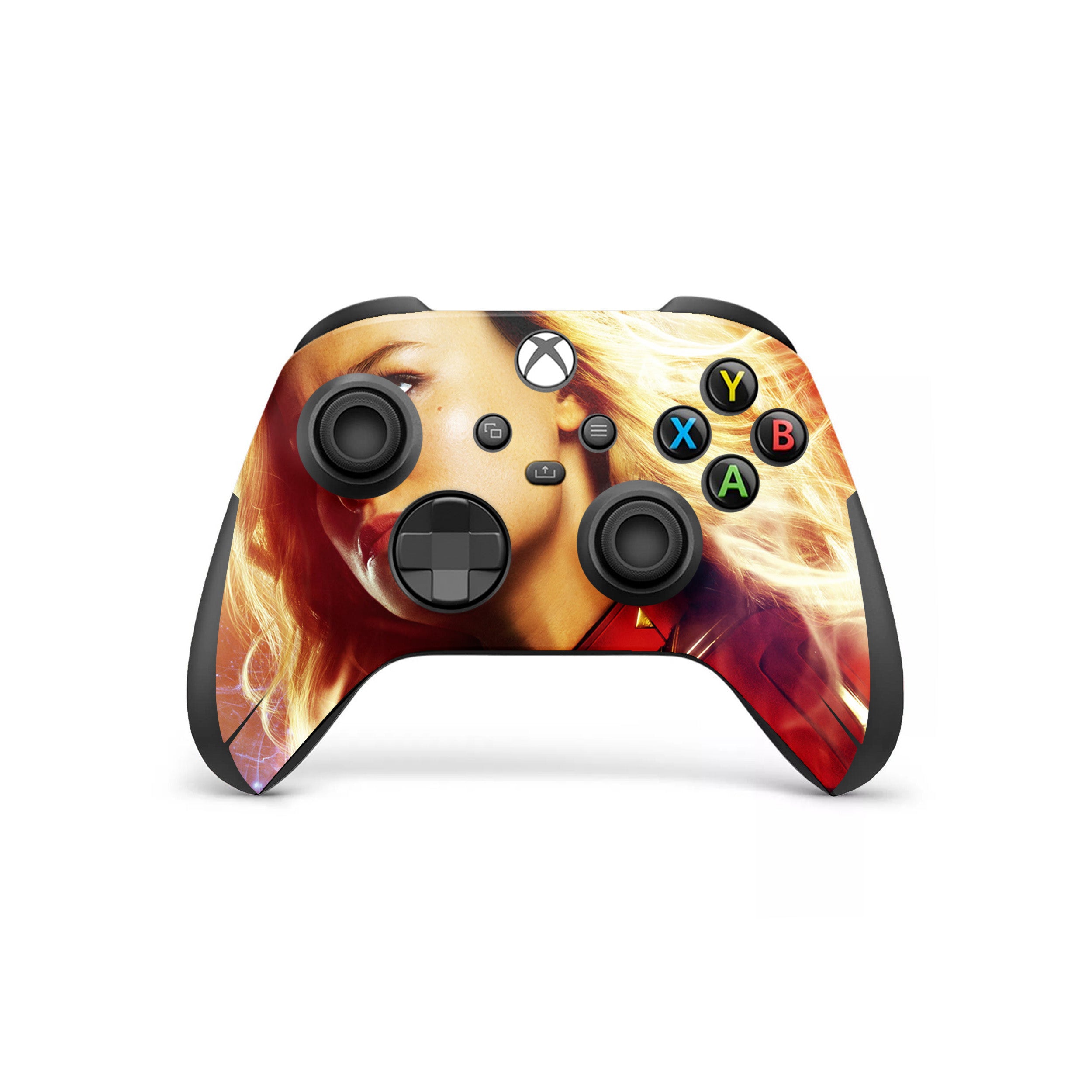A video game skin featuring a Marvel Captain Marvel design for the Xbox Wireless Controller.