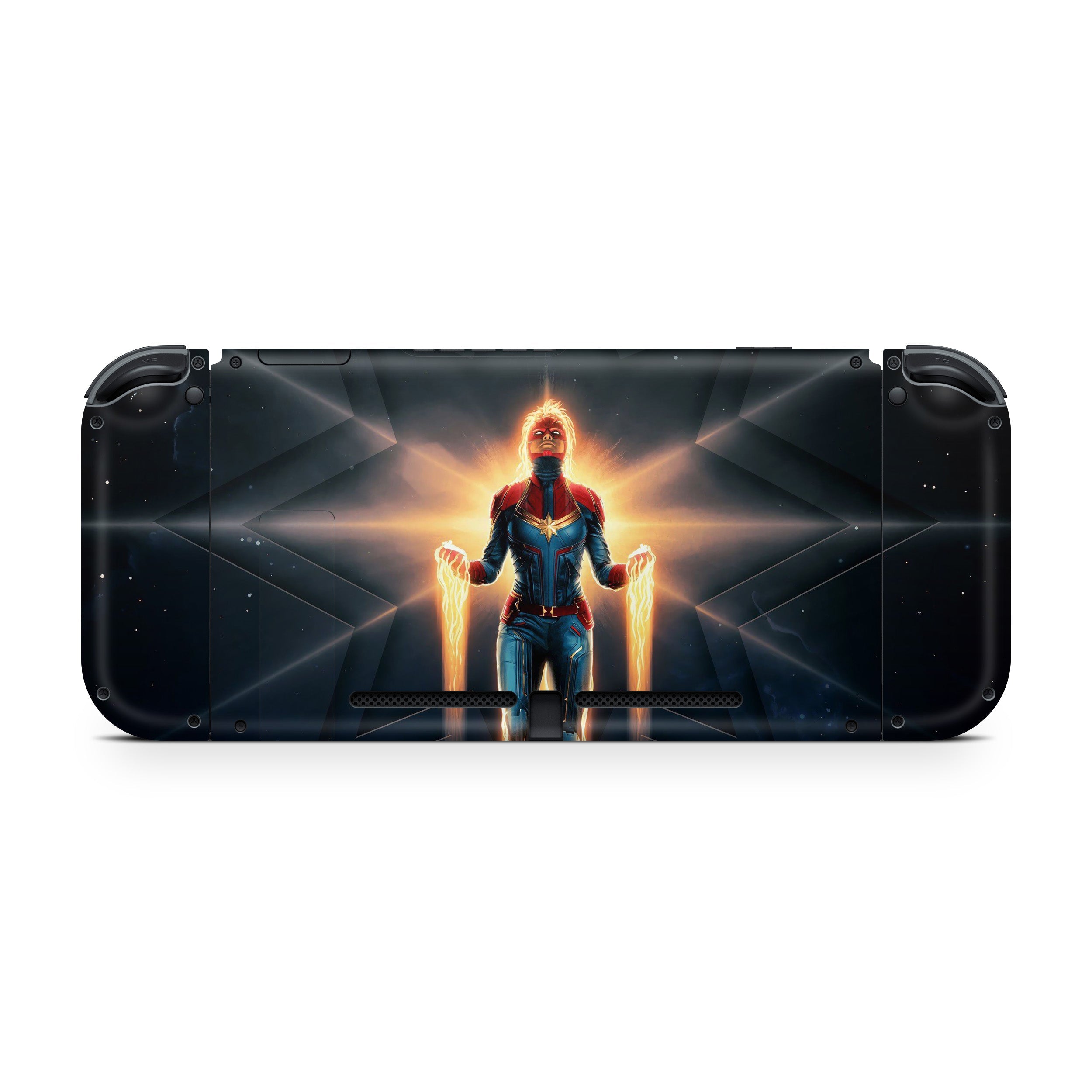 A video game skin featuring a Marvel Captain Marvel design for the Nintendo Switch.