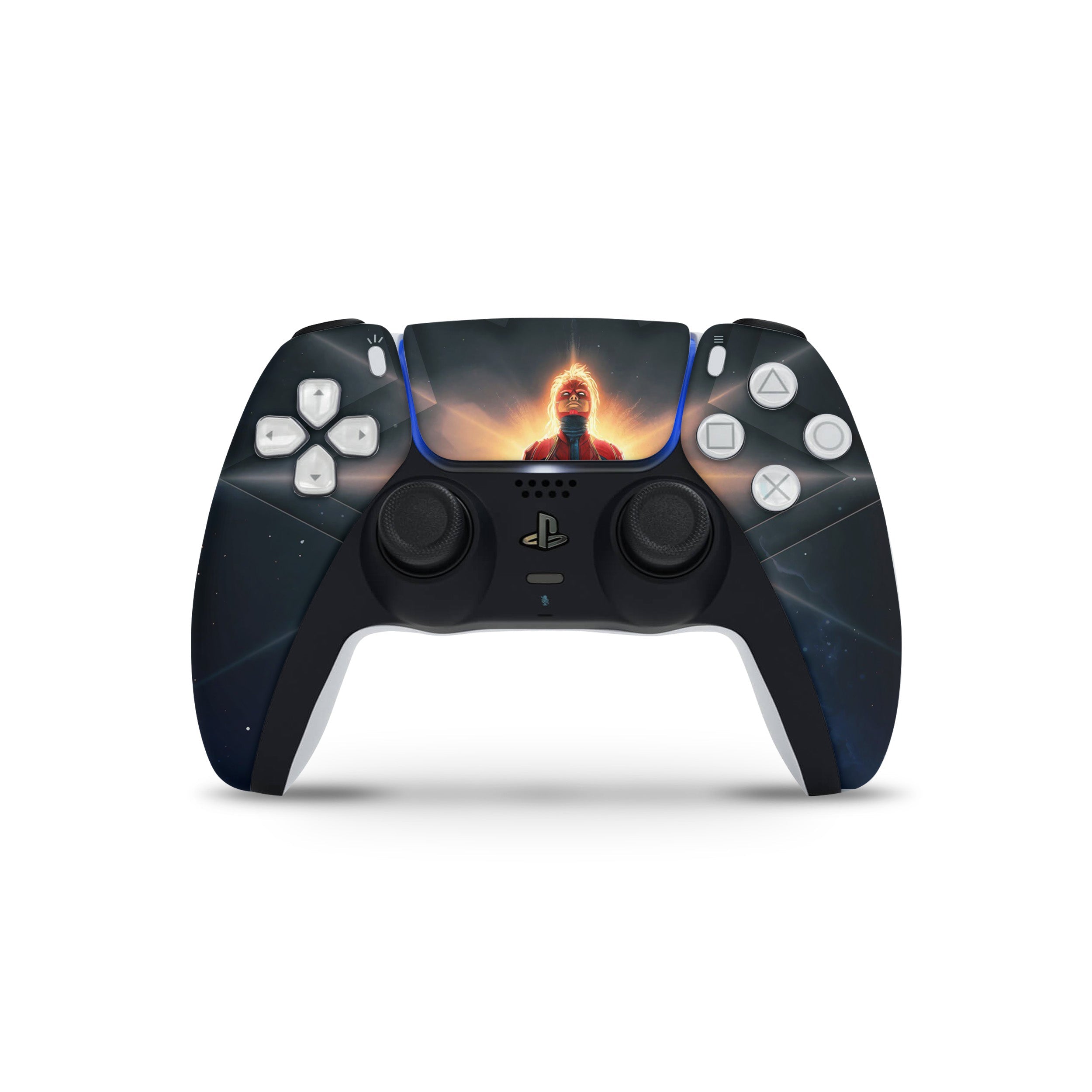 A video game skin featuring a Marvel Captain Marvel design for the PS5 DualSense Controller.