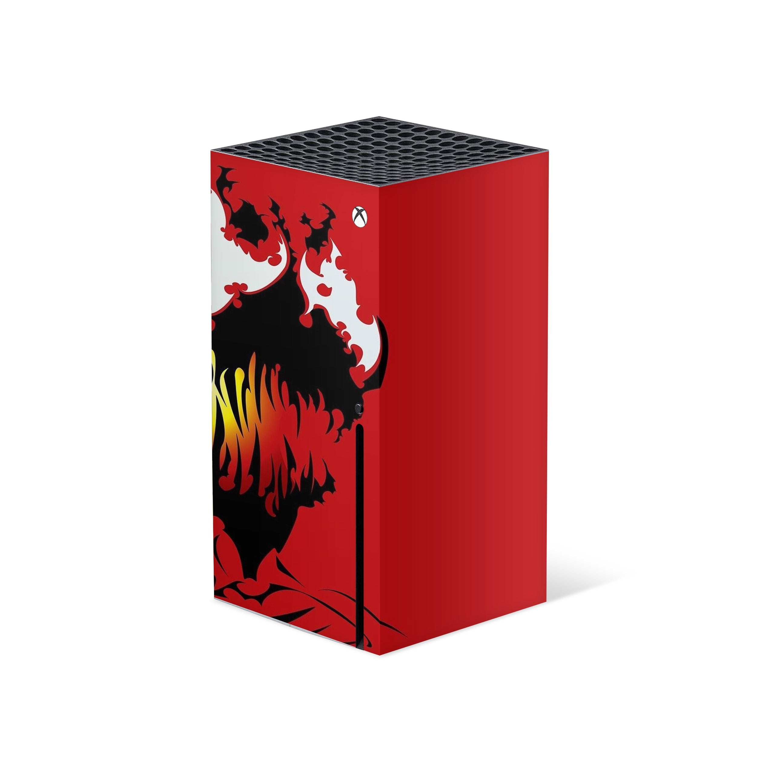 A video game skin featuring a Marvel Carnage design for the Xbox Series X.