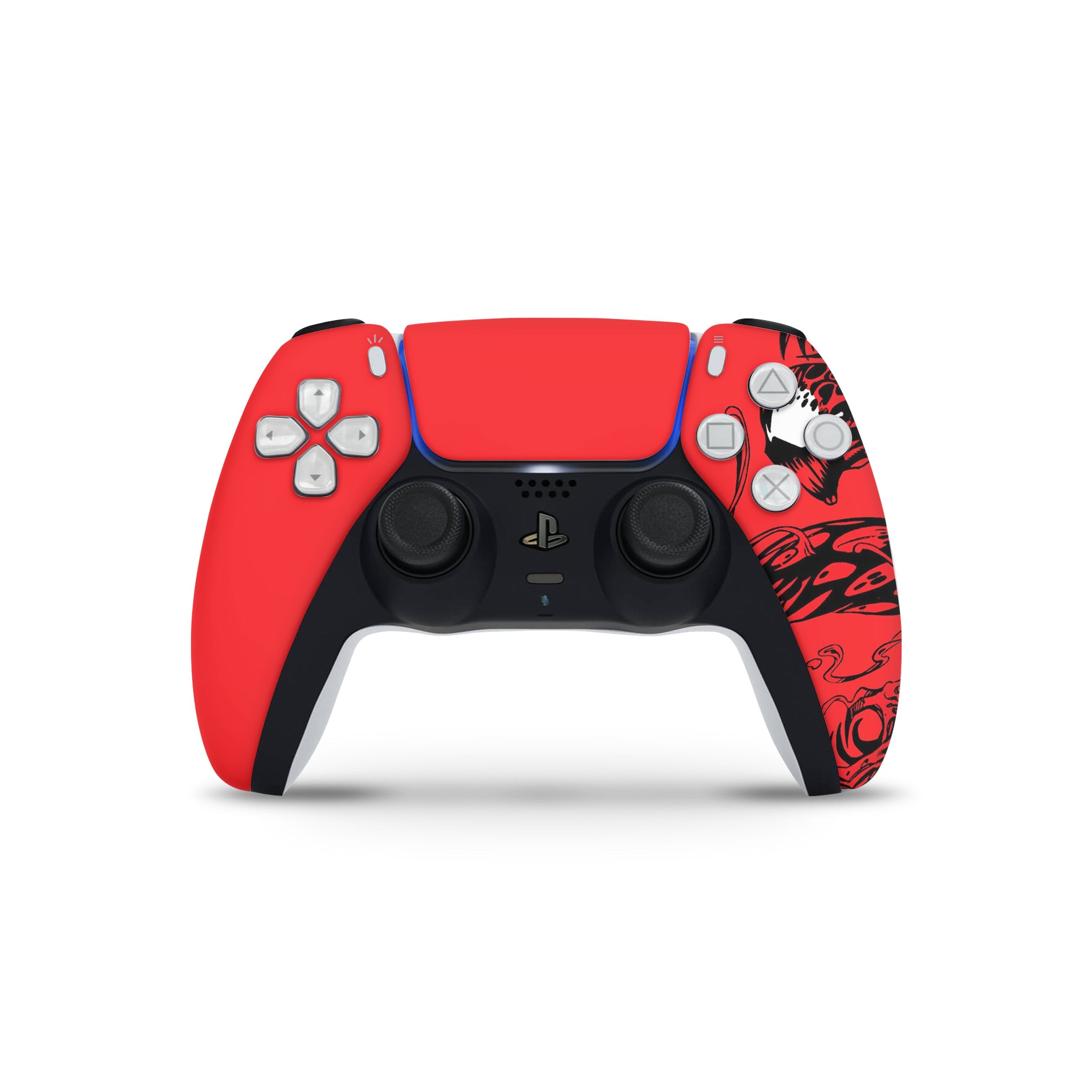 A video game skin featuring a Marvel Carnage design for the PS5 DualSense Controller.