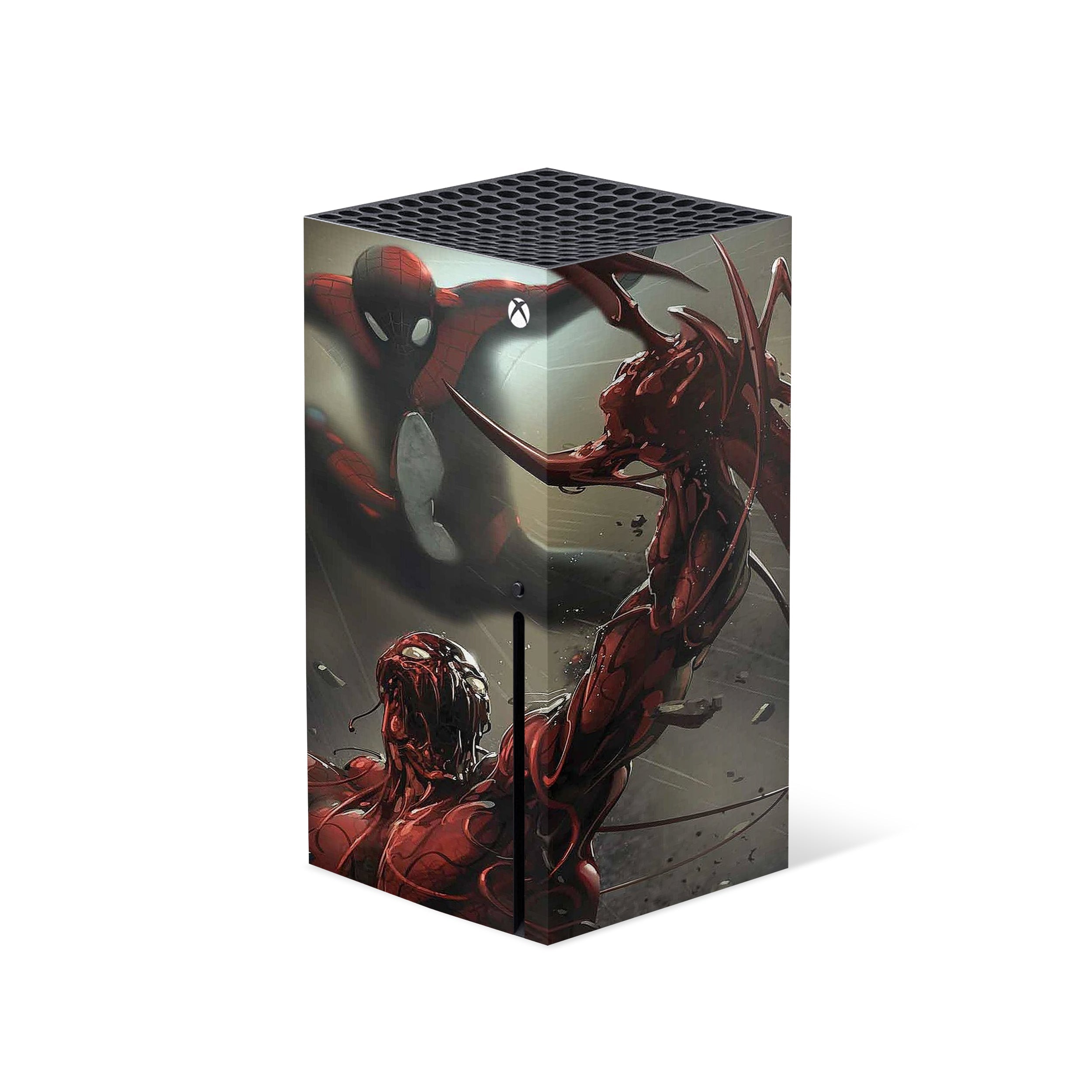 A video game skin featuring a Marvel Carnage design for the Xbox Series X.