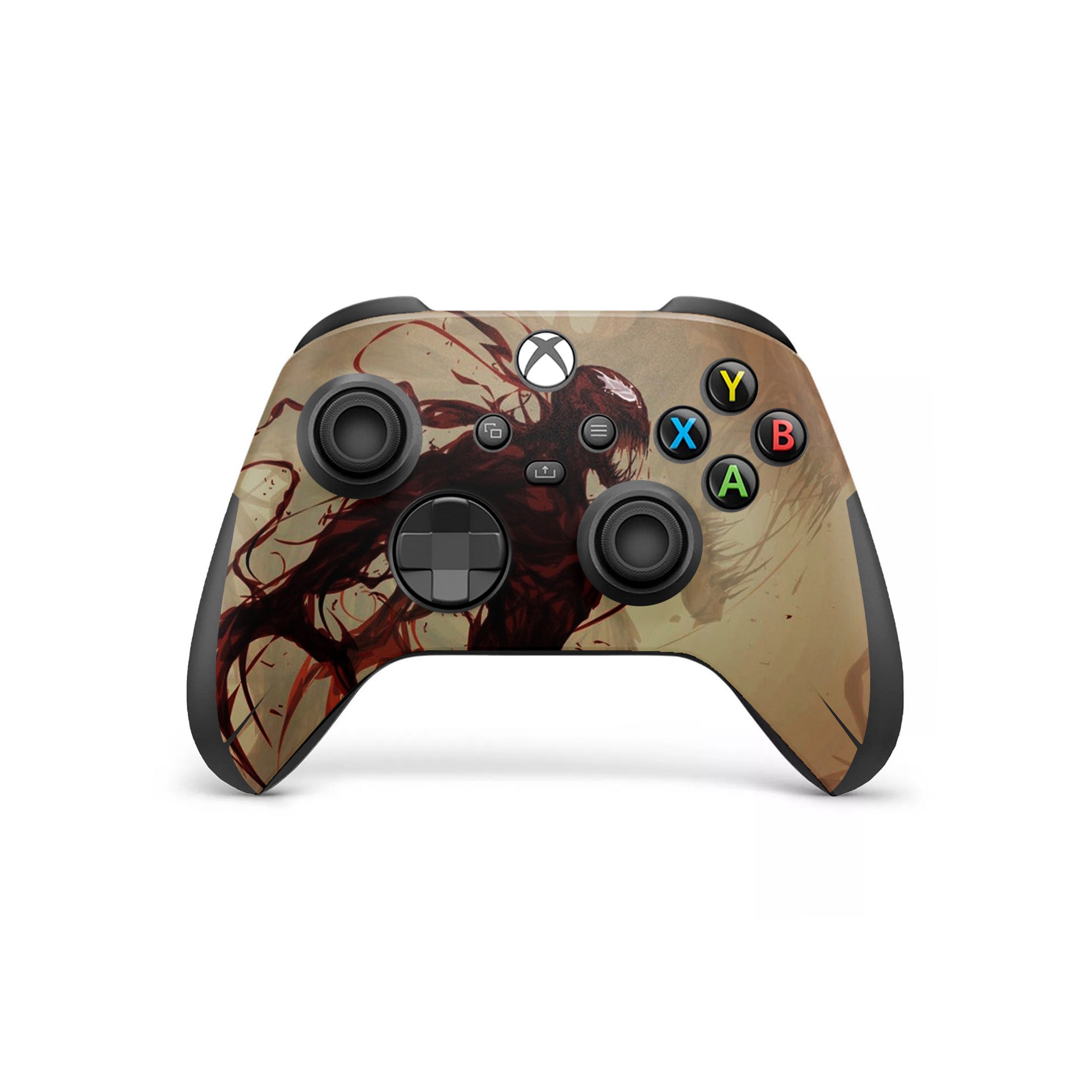 A video game skin featuring a Marvel Carnage design for the Xbox Wireless Controller.