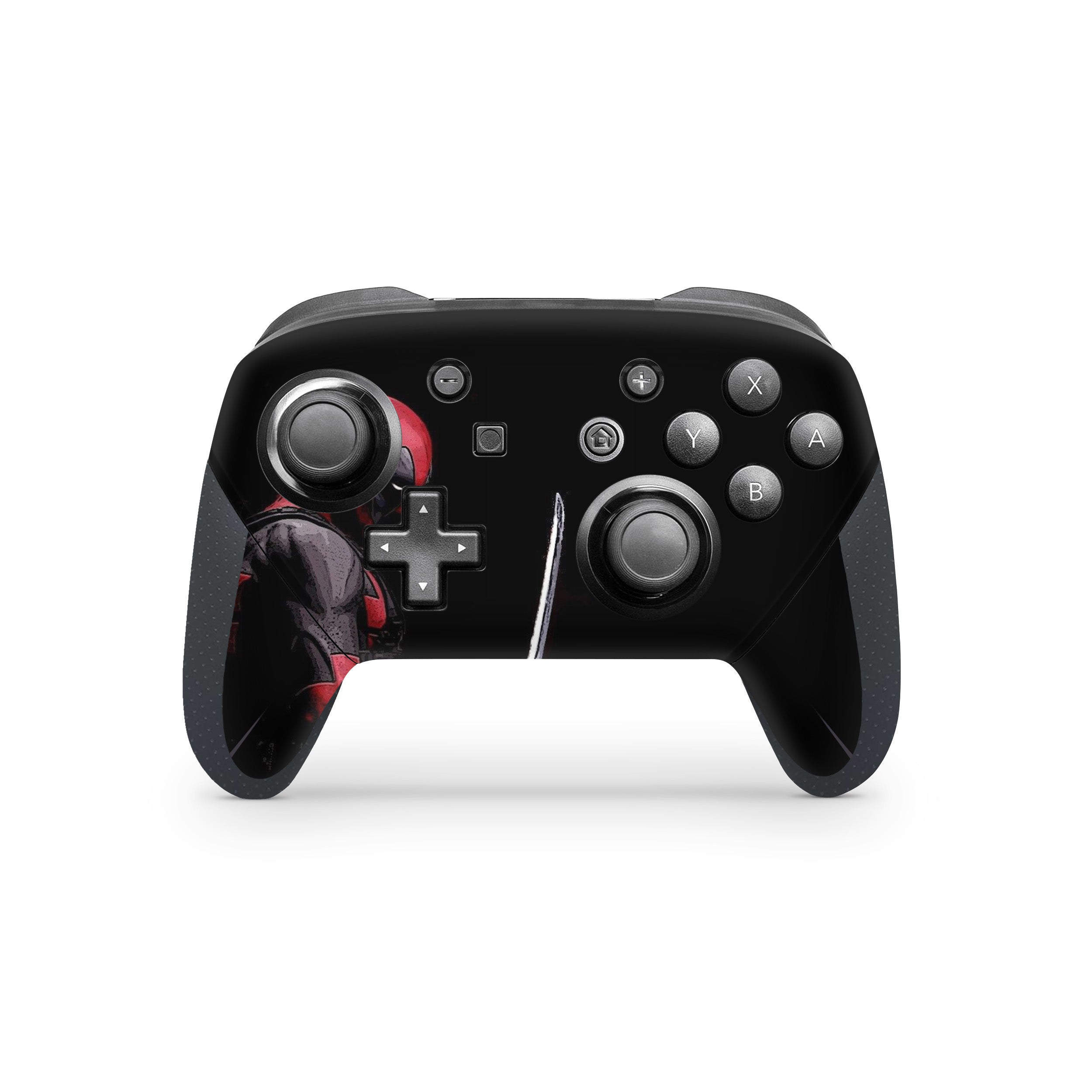 A video game skin featuring a Marvel Dead Pool design for the Switch Pro Controller.