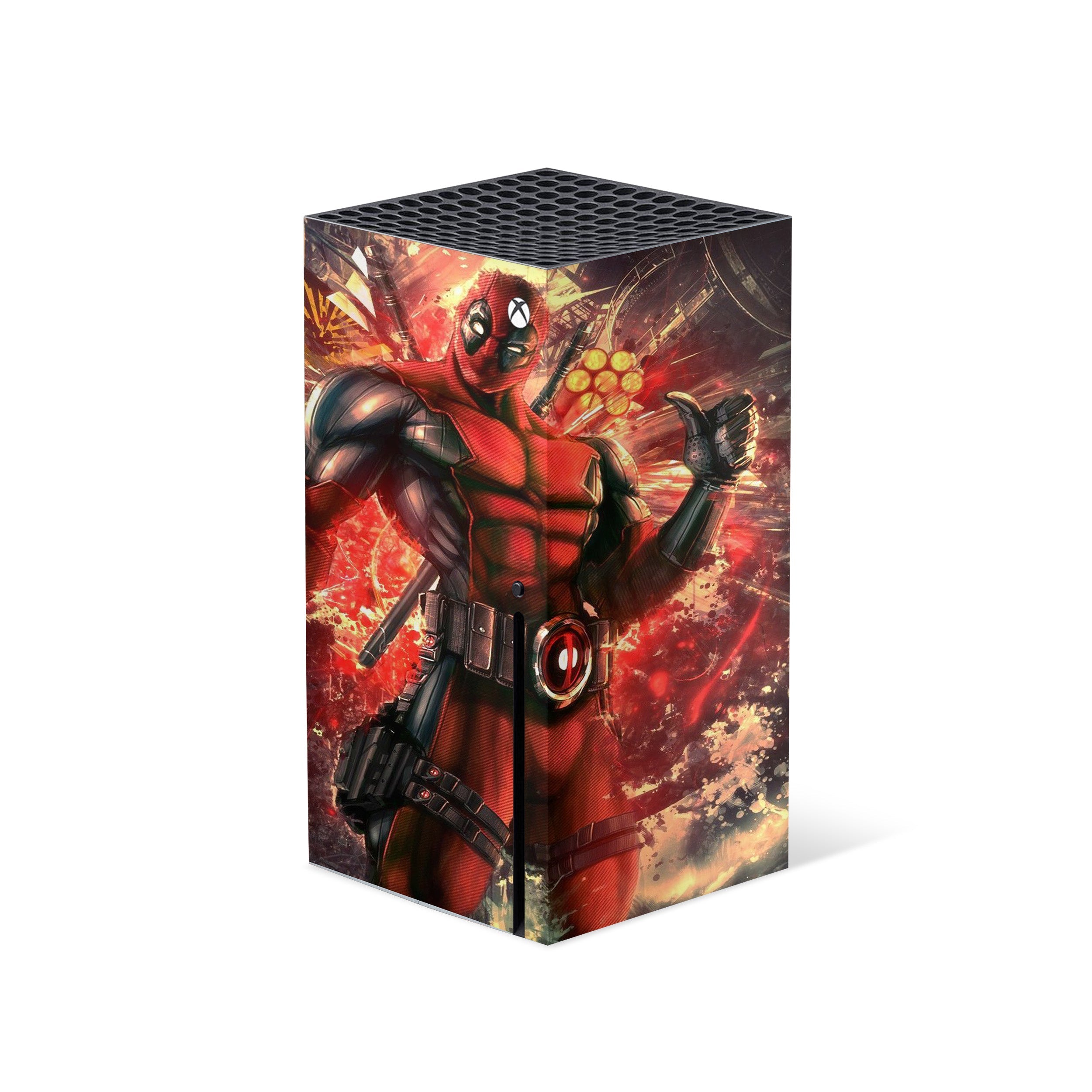 A video game skin featuring a Marvel Dead Pool design for the Xbox Series X.