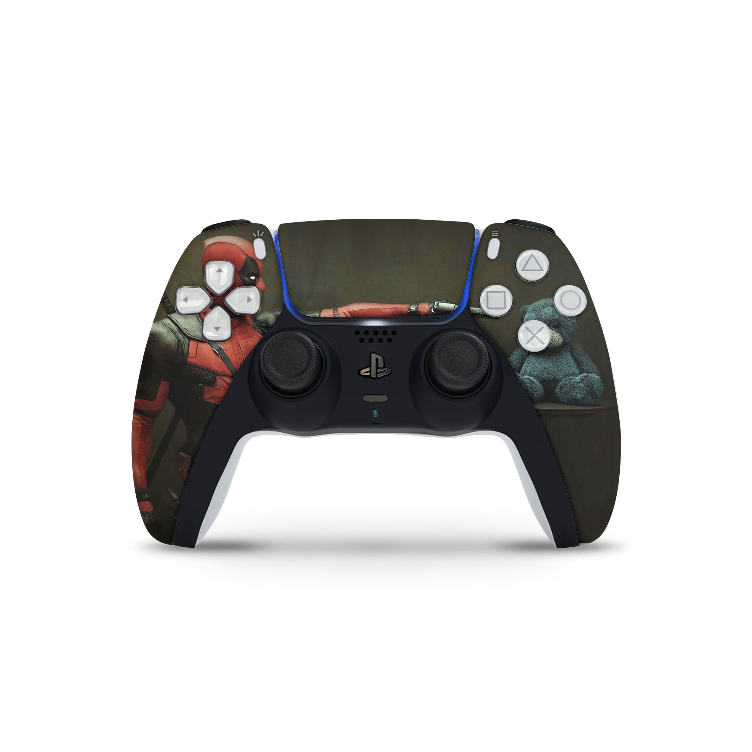 A video game skin featuring a Marvel Dead Pool design for the PS5 DualSense Controller.