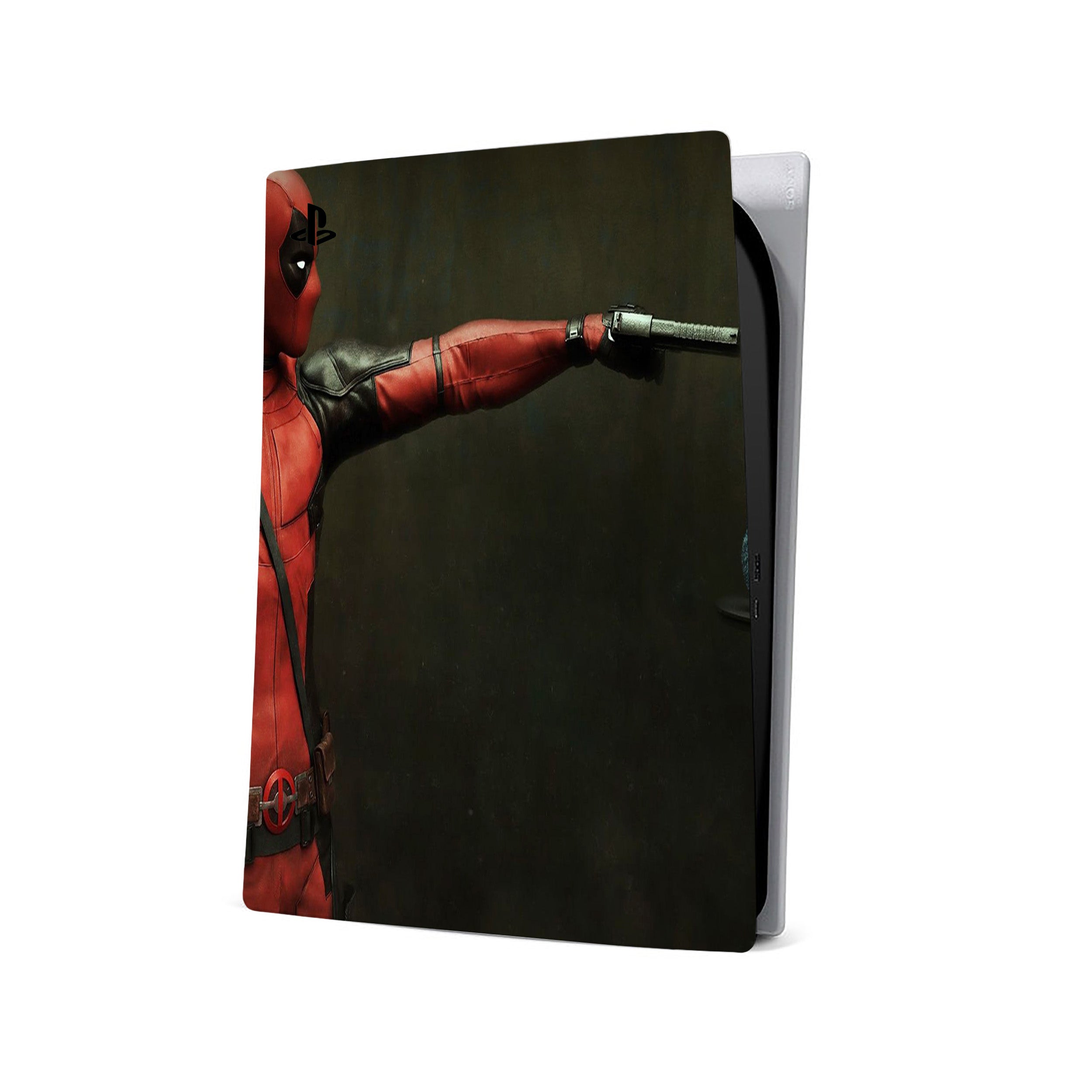 A video game skin featuring a Marvel Dead Pool design for the PS5.