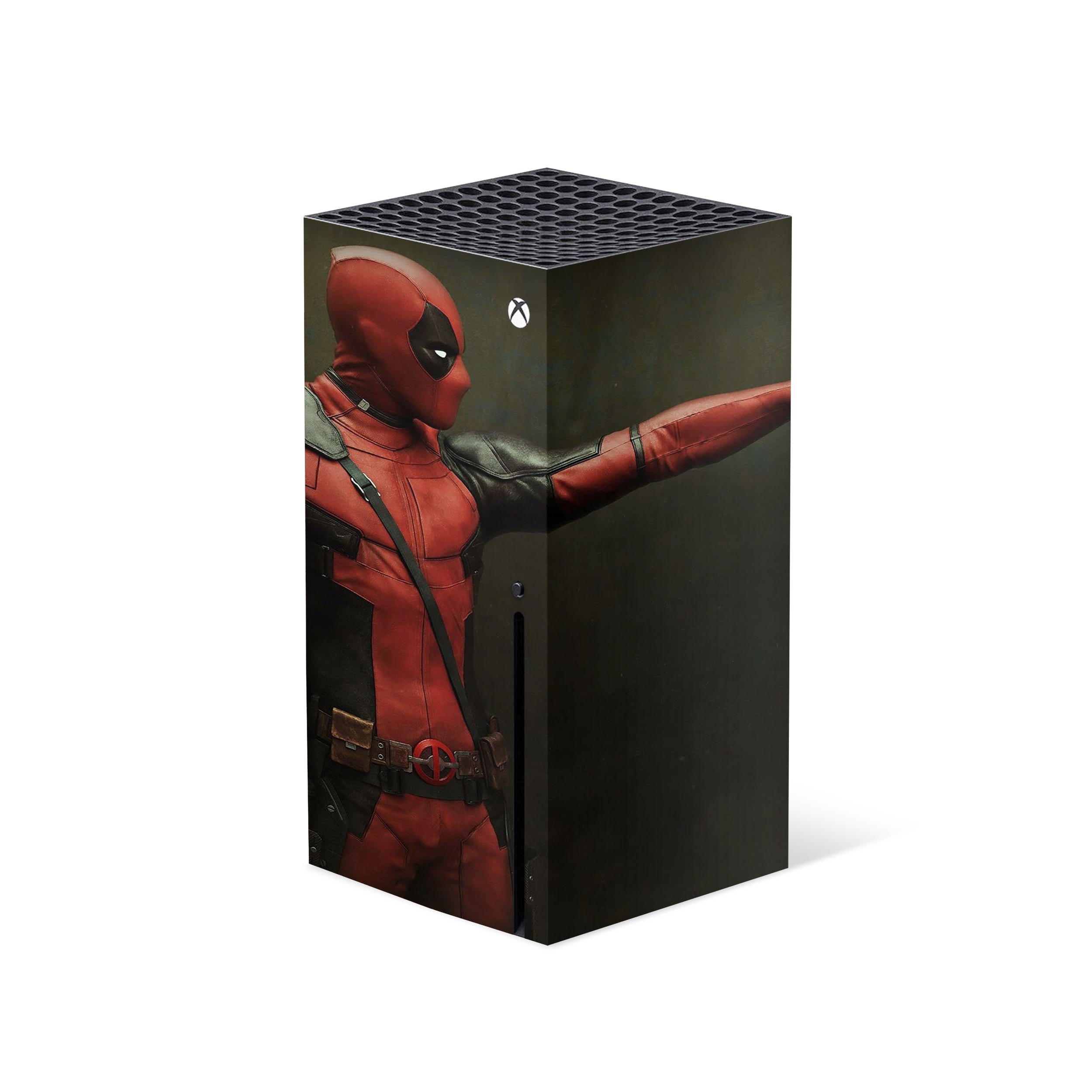 A video game skin featuring a Marvel Dead Pool design for the Xbox Series X.