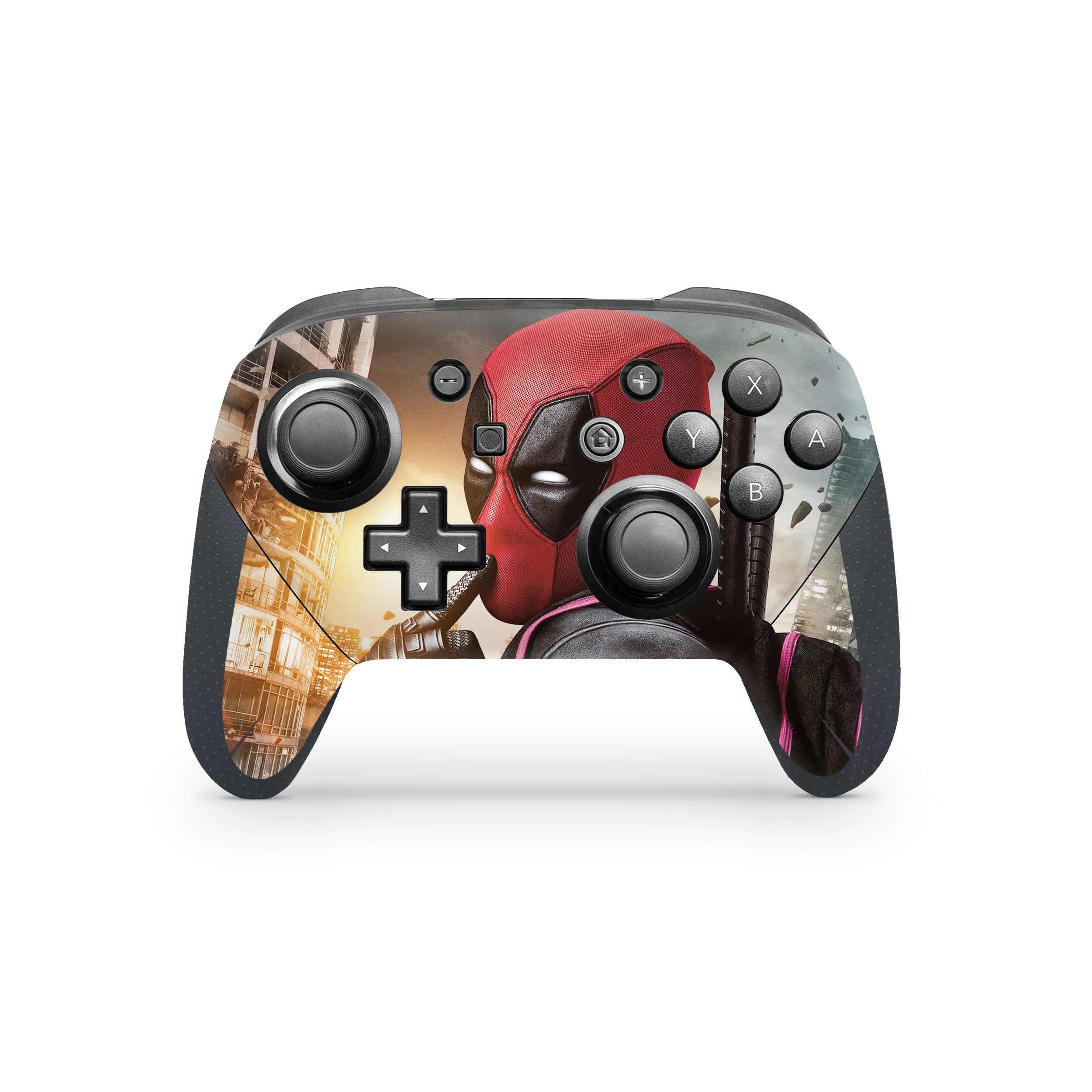 A video game skin featuring a Marvel Dead Pool design for the Switch Pro Controller.