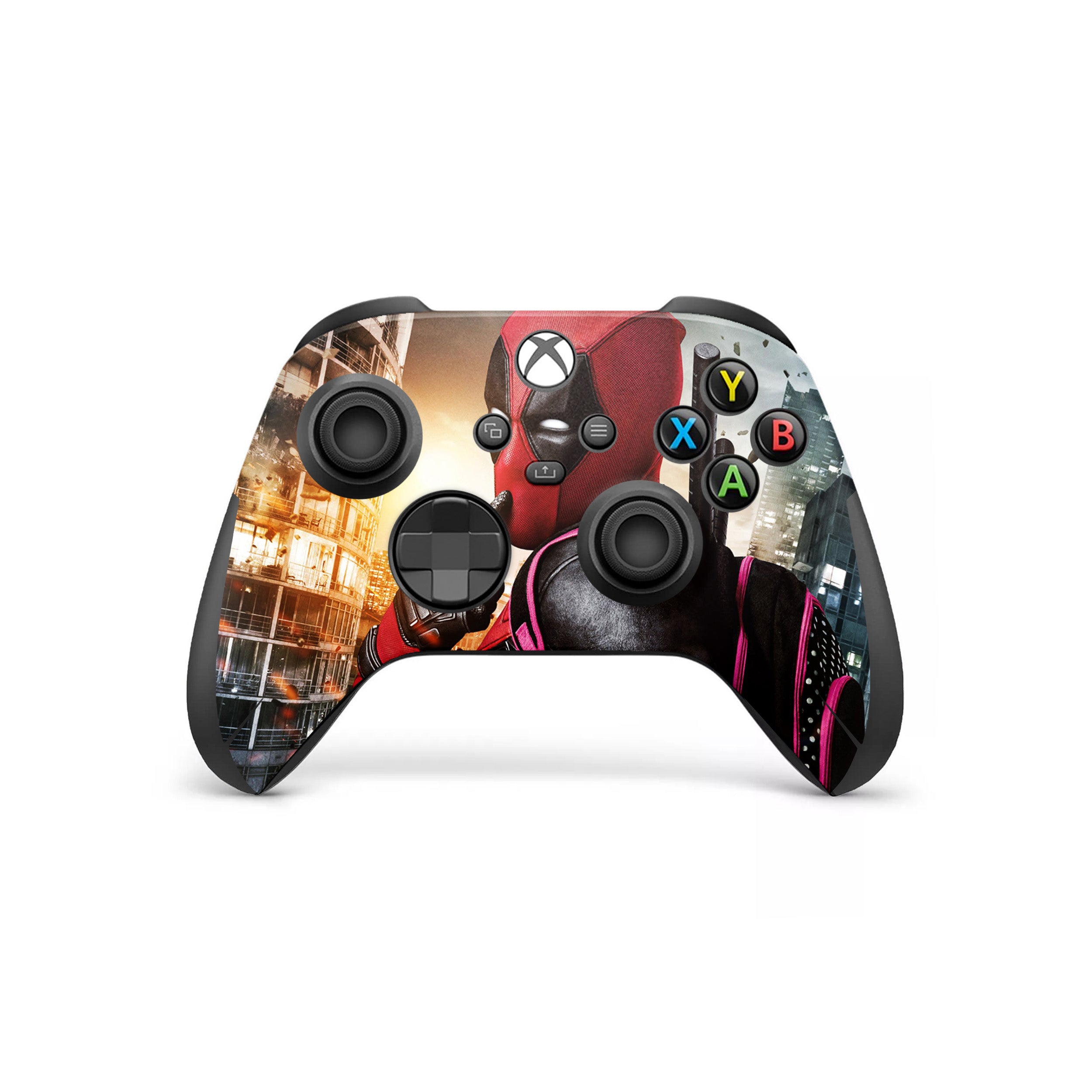 A video game skin featuring a Marvel Dead Pool design for the Xbox Wireless Controller.