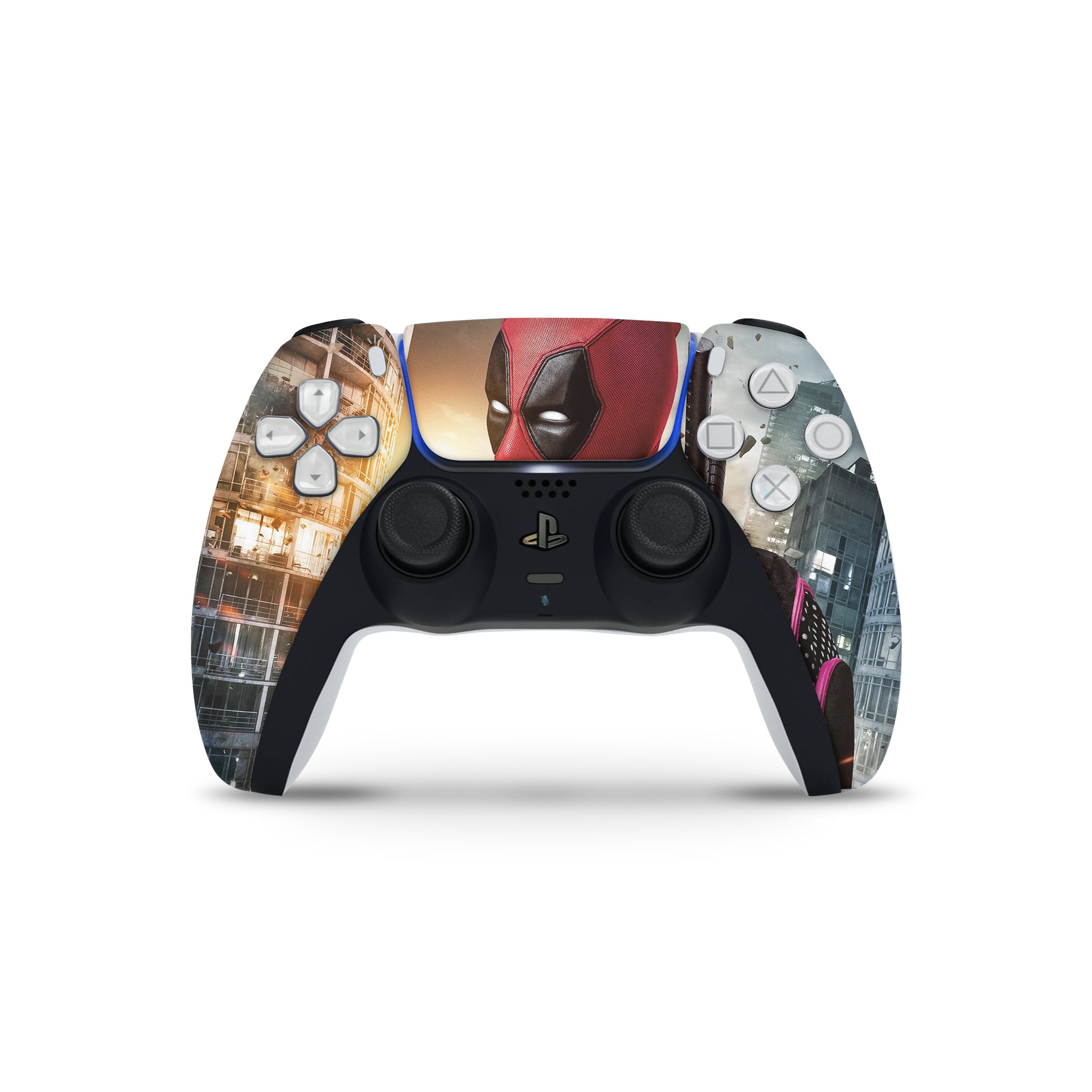 A video game skin featuring a Marvel Dead Pool design for the PS5 DualSense Controller.