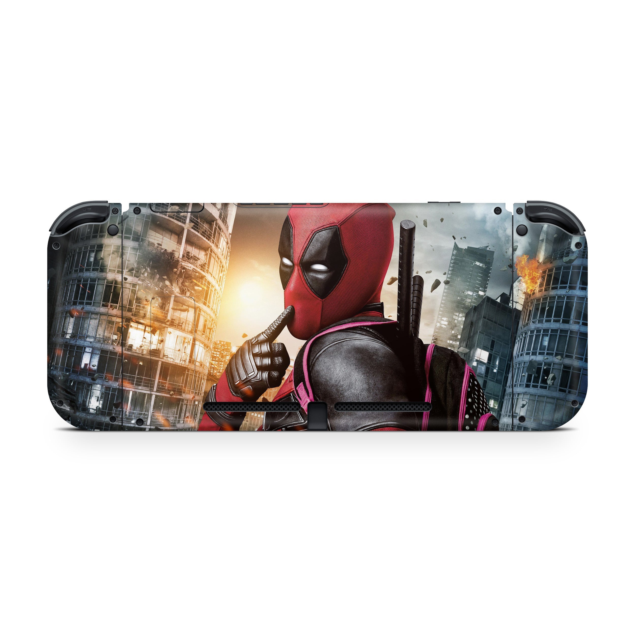 A video game skin featuring a Marvel Dead Pool design for the Nintendo Switch.