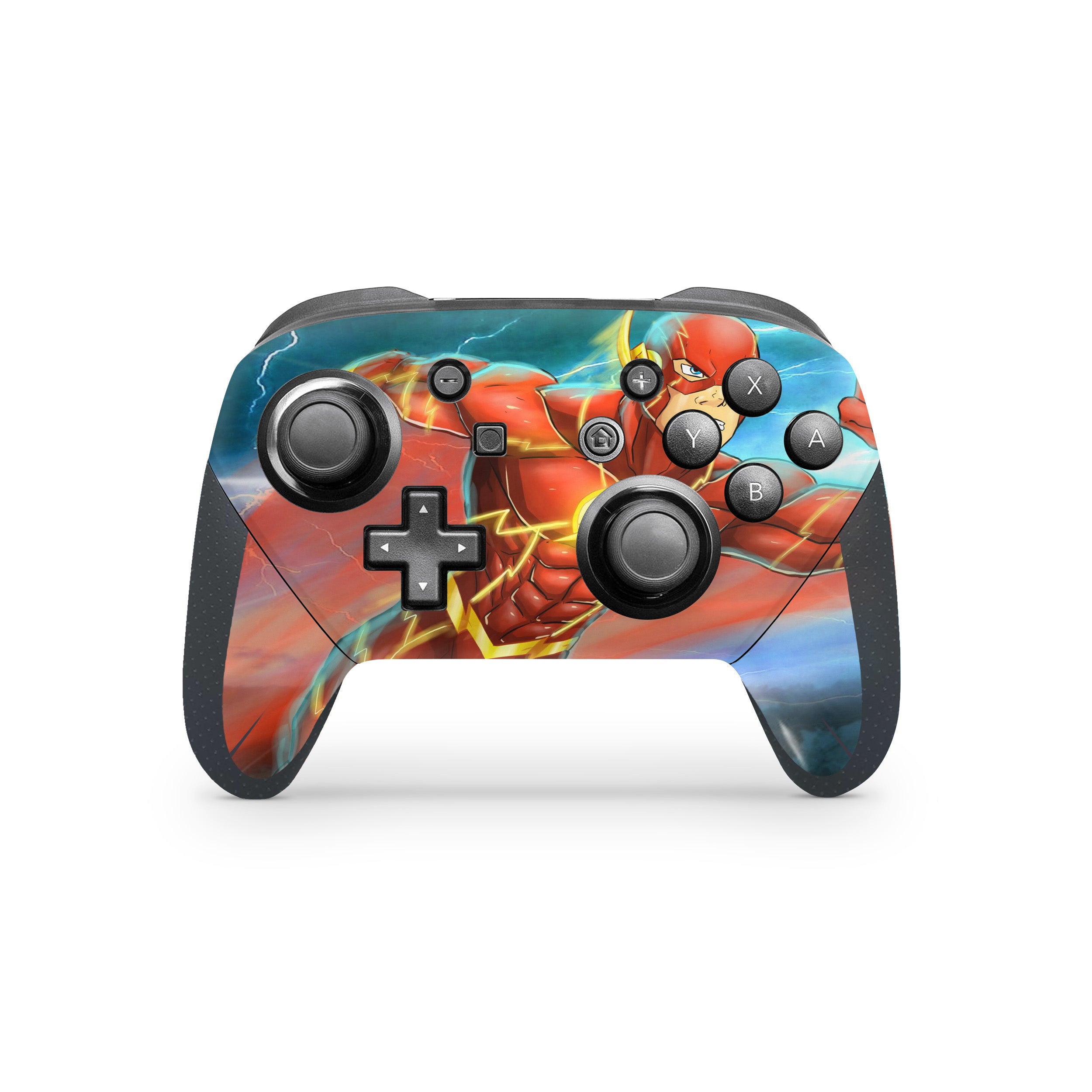A video game skin featuring a Marvel Flash design for the Switch Pro Controller.