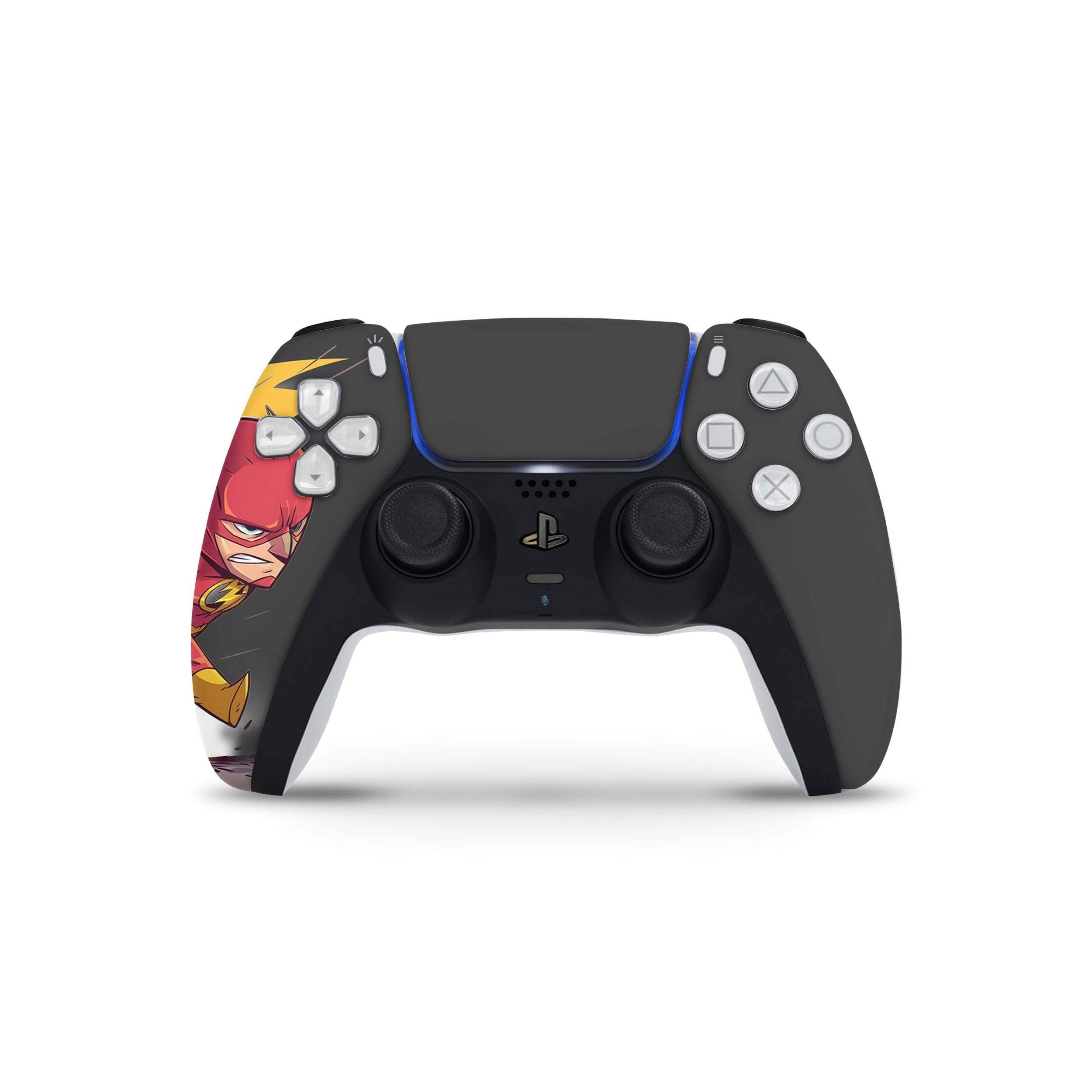 A video game skin featuring a Marvel Flash design for the PS5 DualSense Controller.