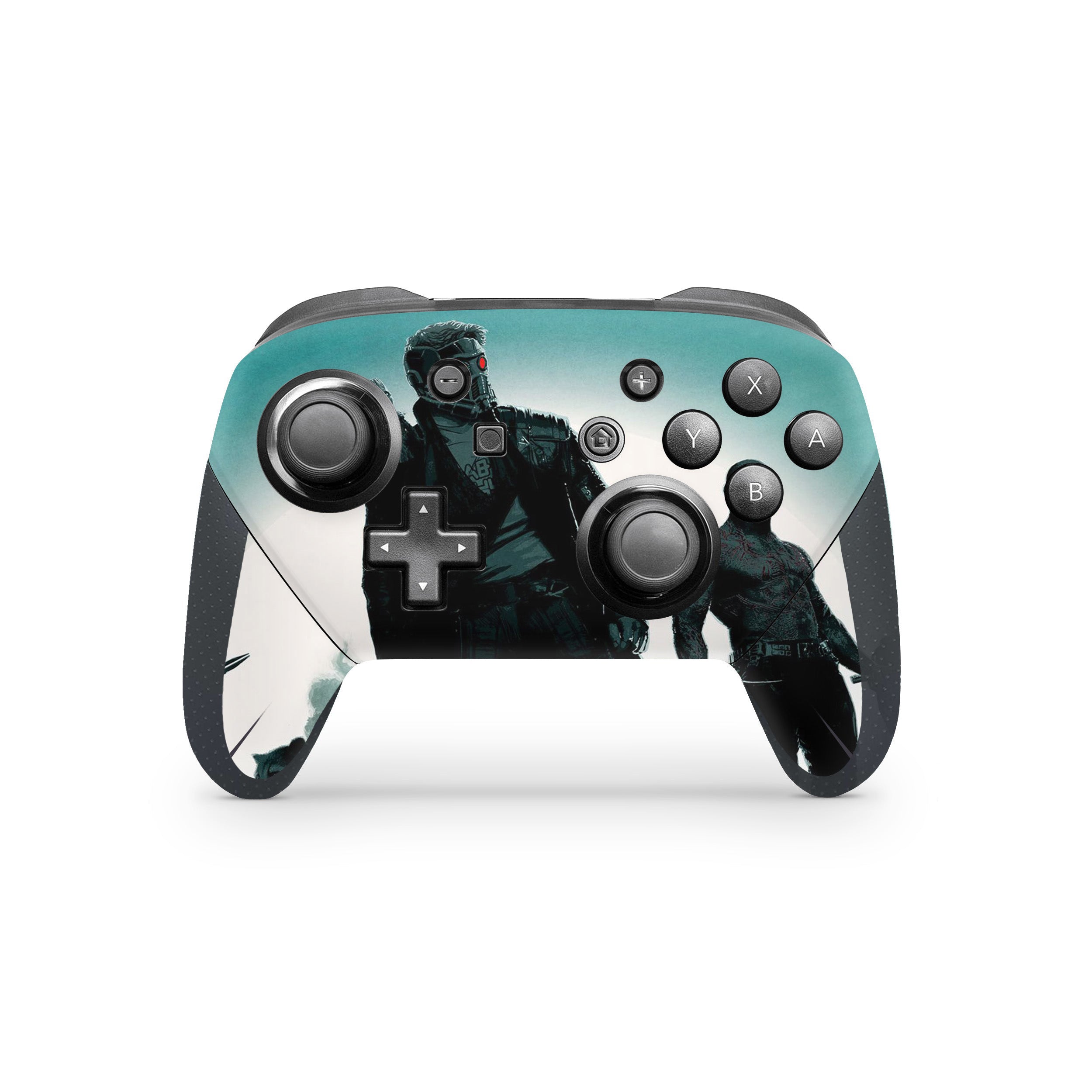A video game skin featuring a Marvel Guardians of the Galaxy design for the Switch Pro Controller.
