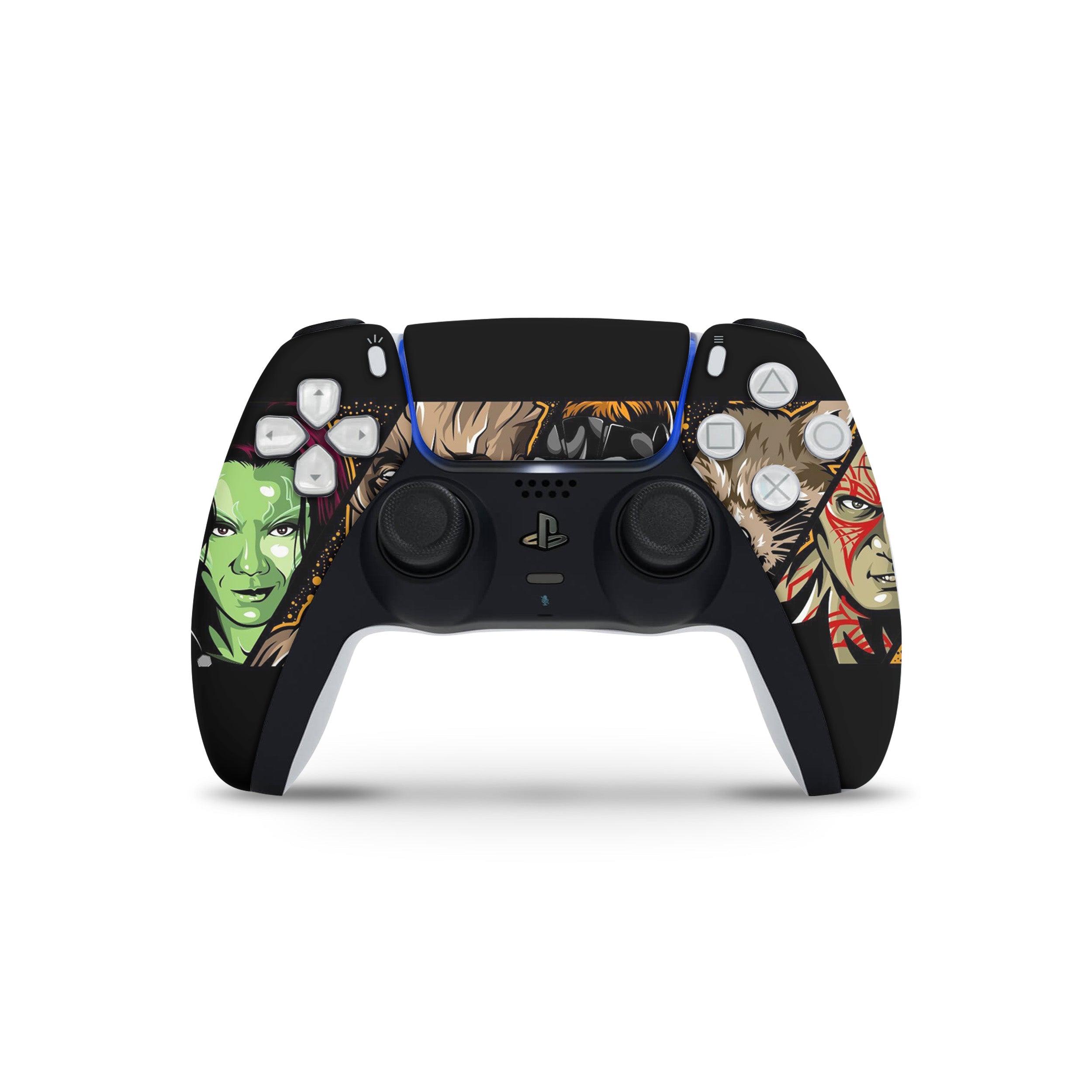 A video game skin featuring a Marvel Guardians of the Galaxy design for the PS5 DualSense Controller.