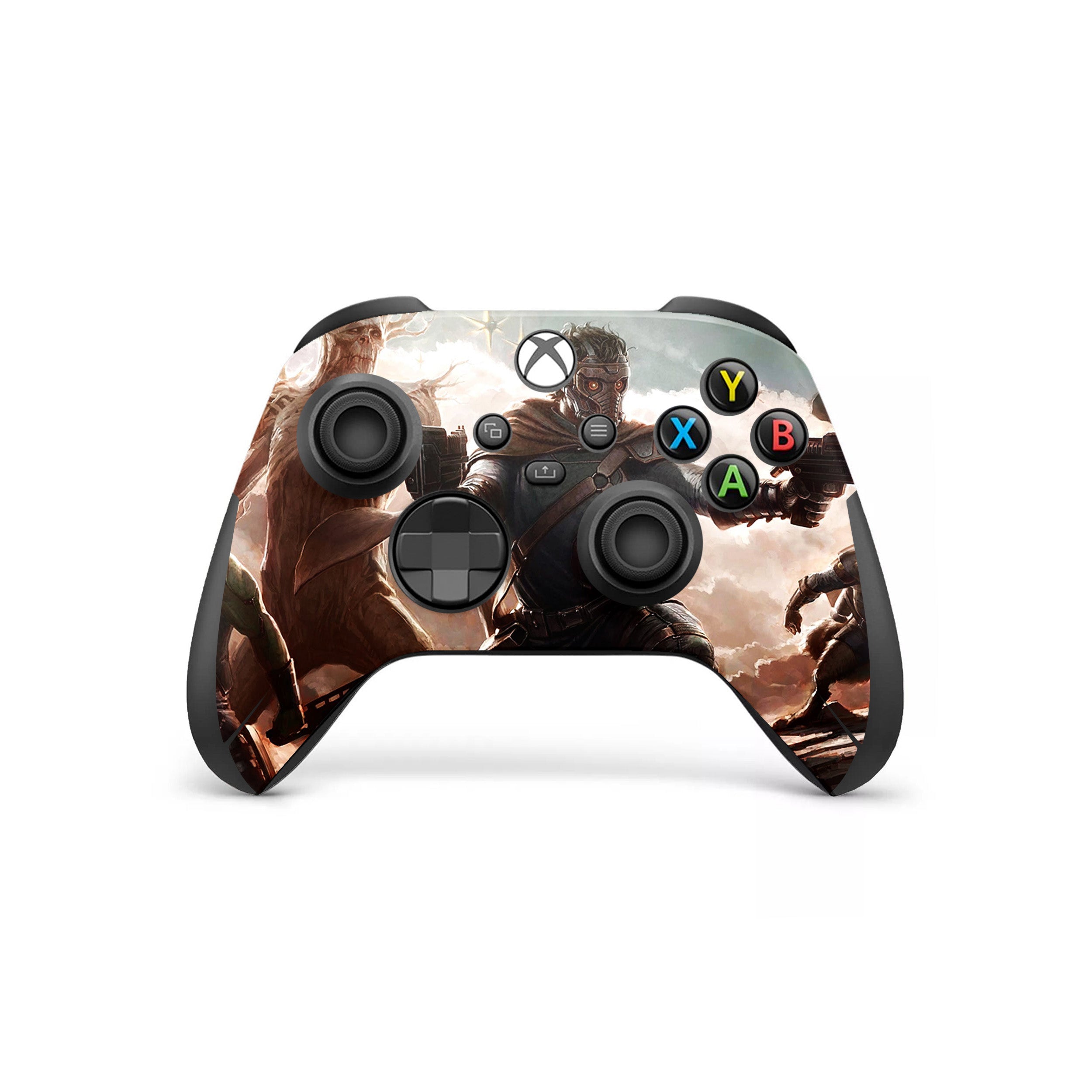 A video game skin featuring a Marvel Guardians of the Galaxy design for the Xbox Wireless Controller.