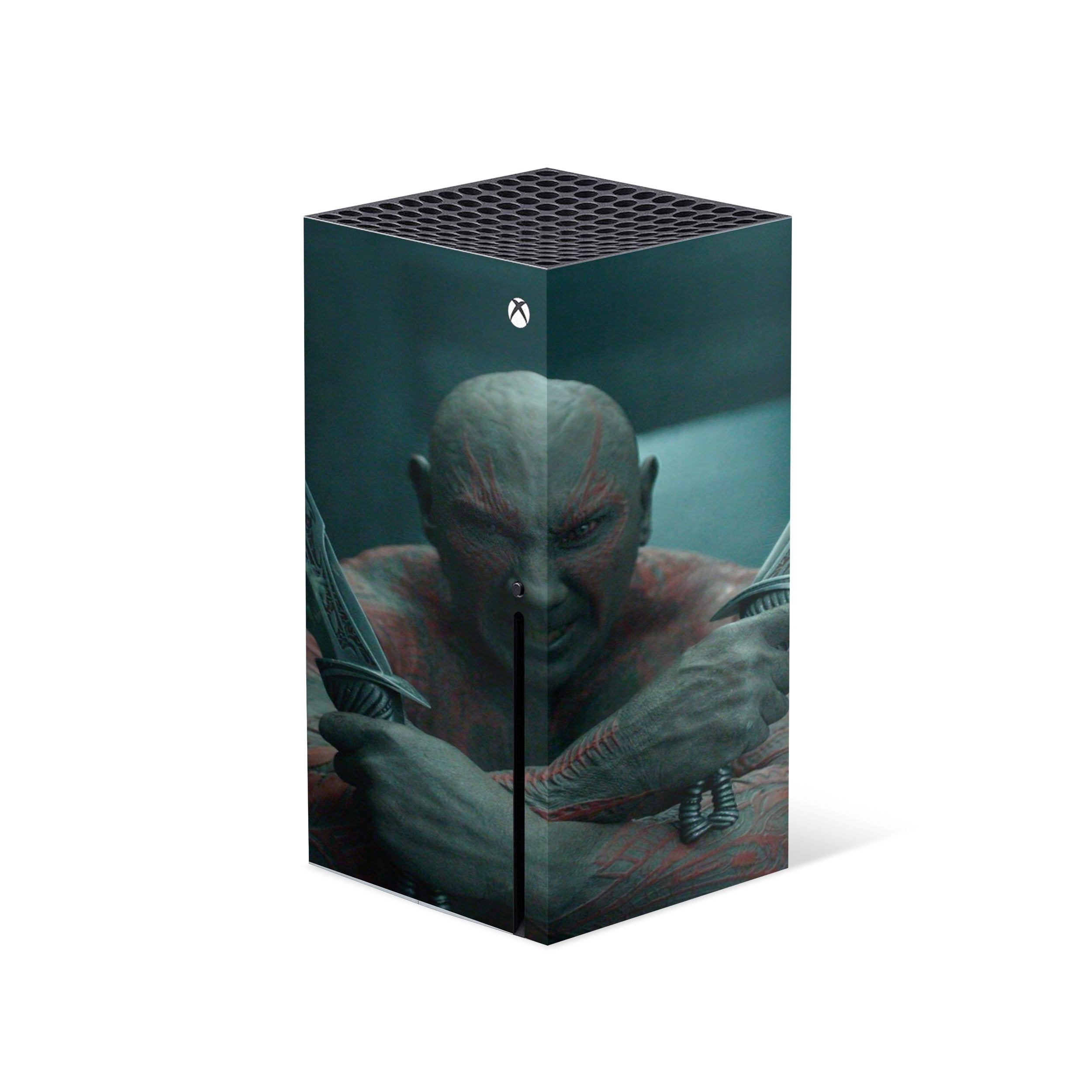 A video game skin featuring a Marvel Guardians of the Galaxy Drax design for the Xbox Series X.