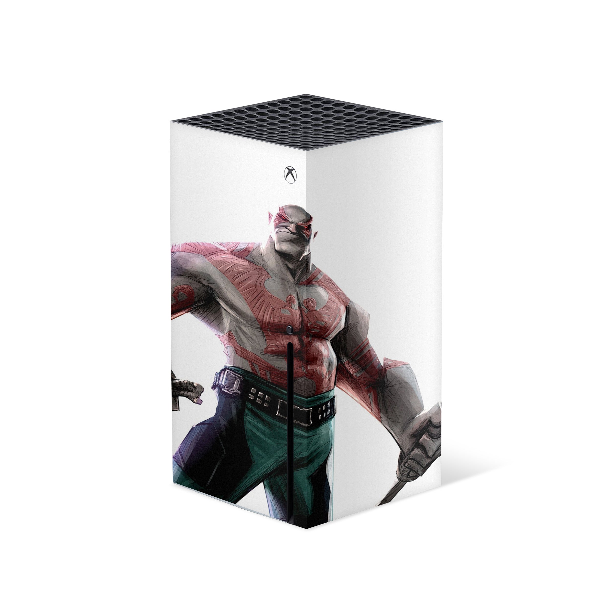A video game skin featuring a Marvel Guardians of the Galaxy Drax design for the Xbox Series X.