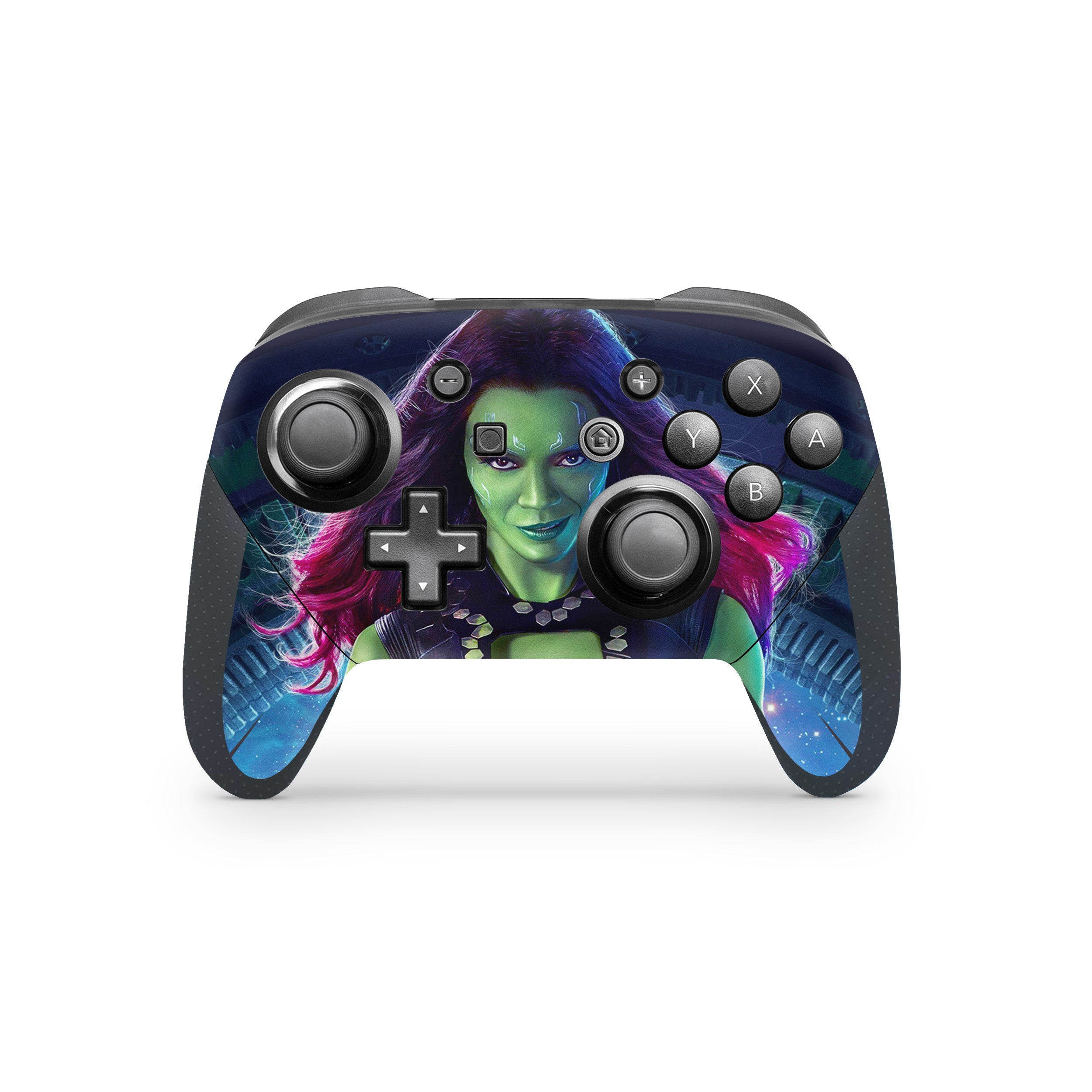 A video game skin featuring a Marvel Guardians of the Galaxy Gamora design for the Switch Pro Controller.