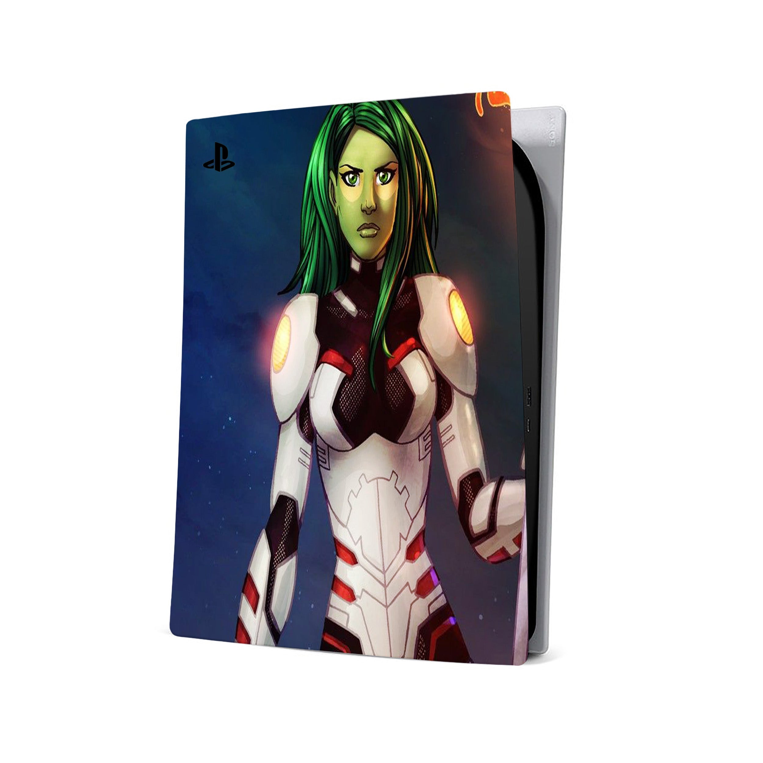 A video game skin featuring a Marvel Guardians of the Galaxy Gamora design for the PS5.