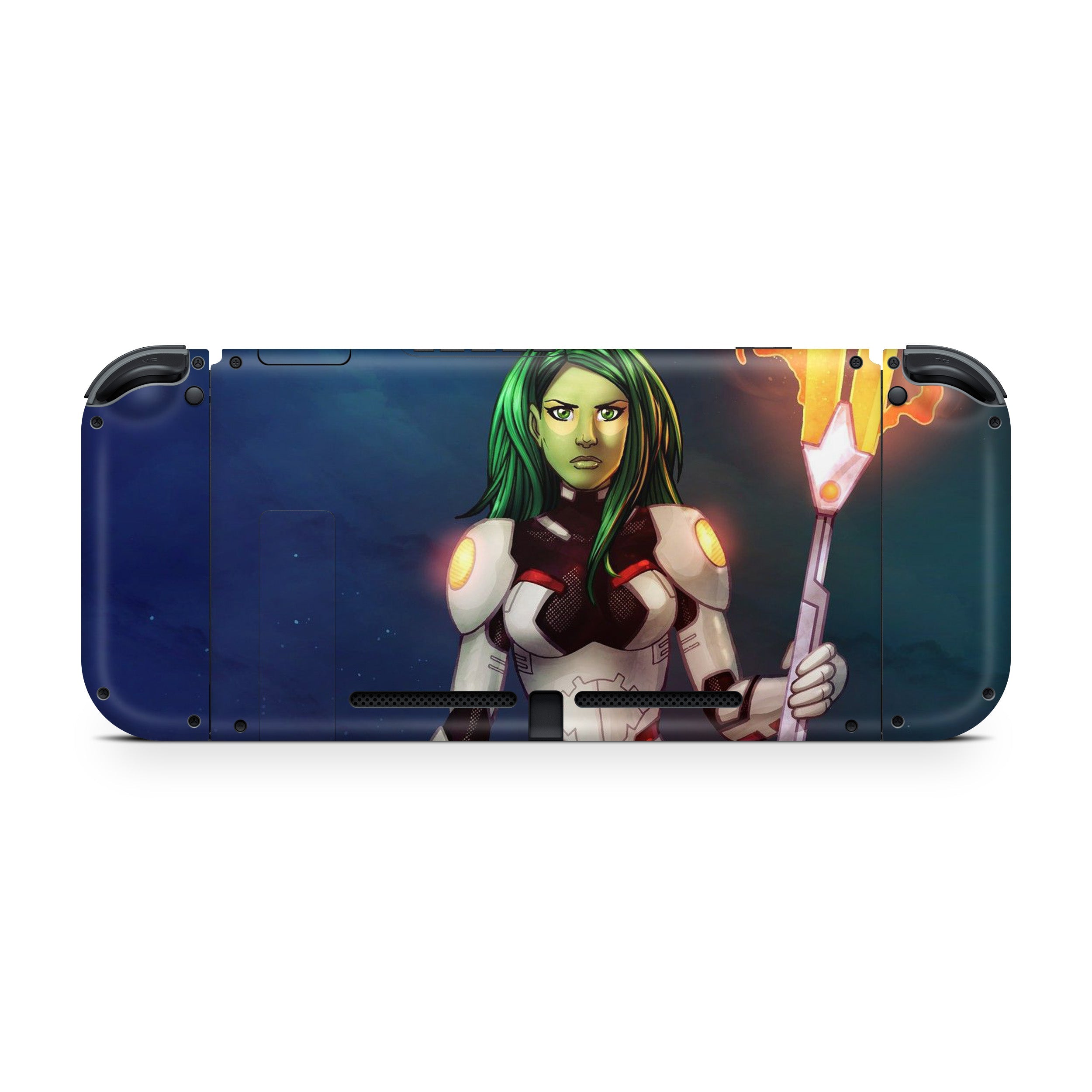 A video game skin featuring a Marvel Guardians of the Galaxy Gamora design for the Nintendo Switch.