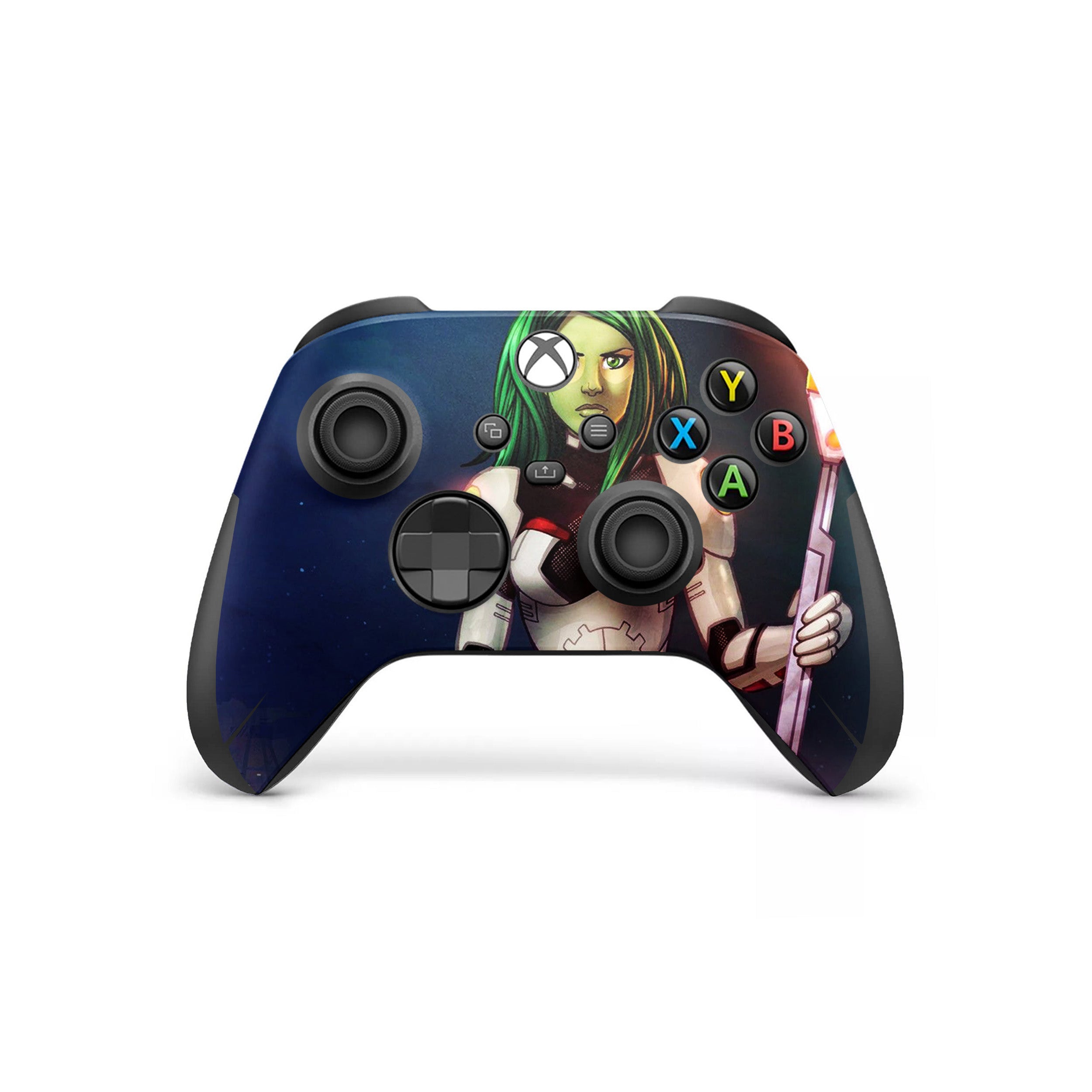 A video game skin featuring a Marvel Guardians of the Galaxy Gamora design for the Xbox Wireless Controller.