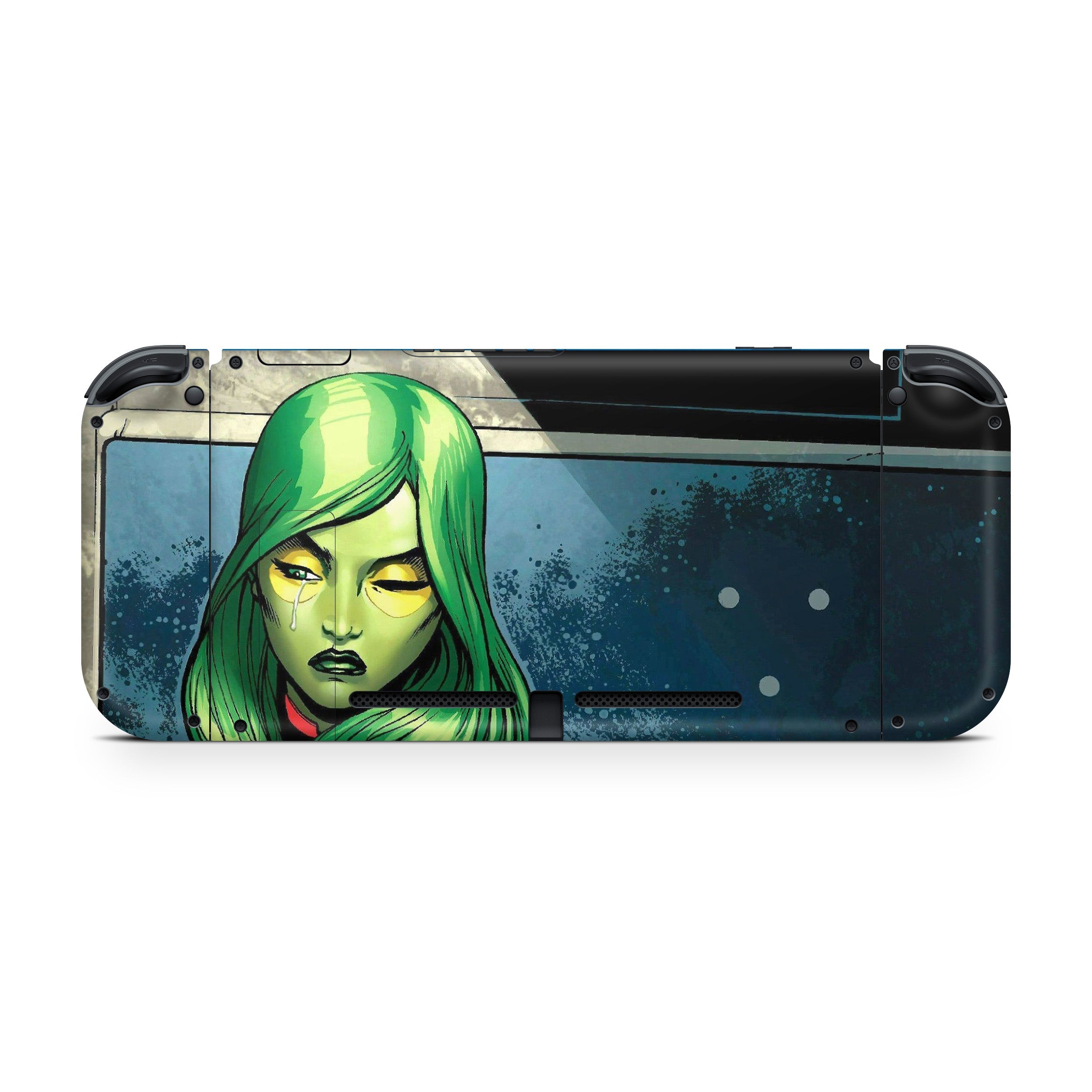 A video game skin featuring a Marvel Guardians of the Galaxy Gamora design for the Nintendo Switch.
