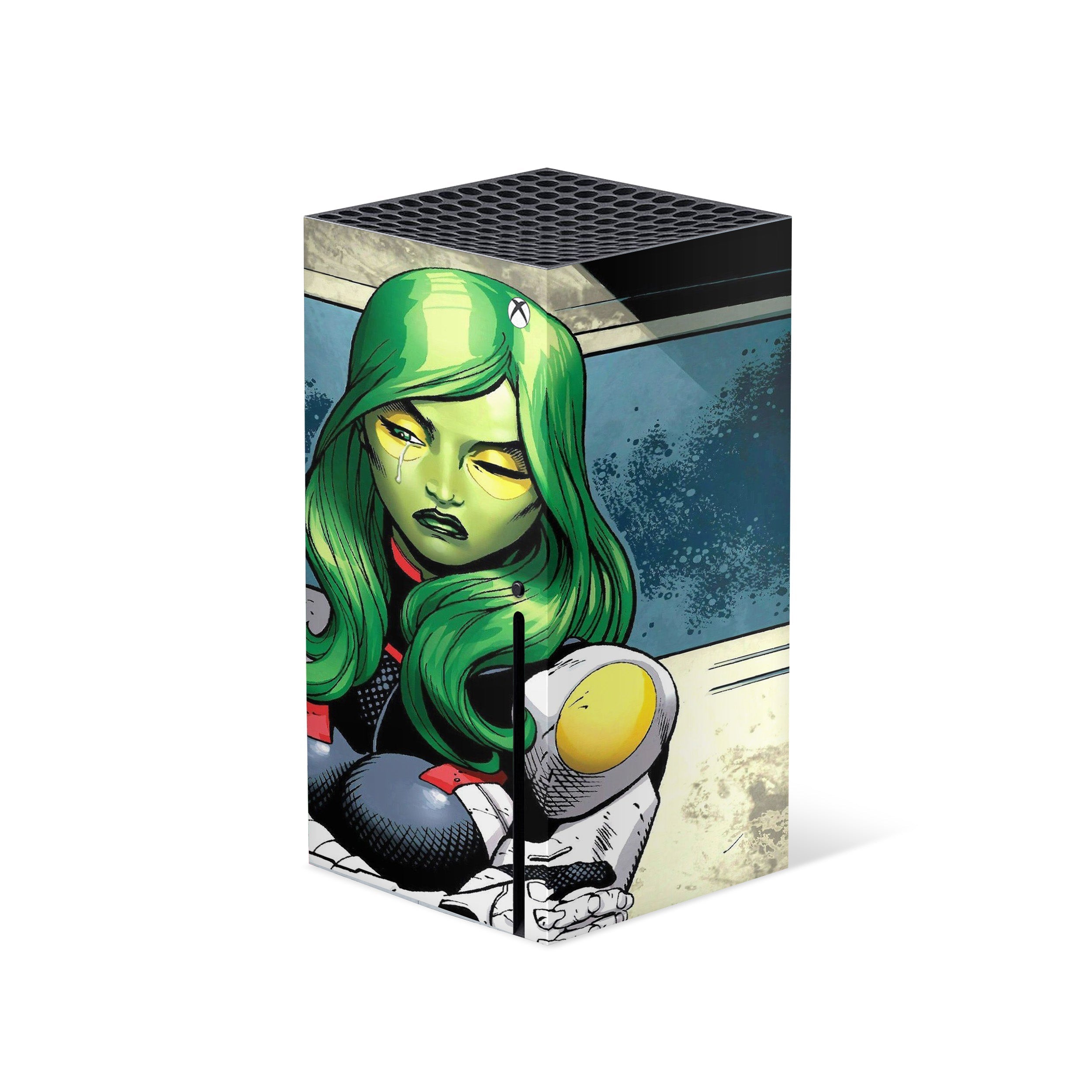 A video game skin featuring a Marvel Guardians of the Galaxy Gamora design for the Xbox Series X.