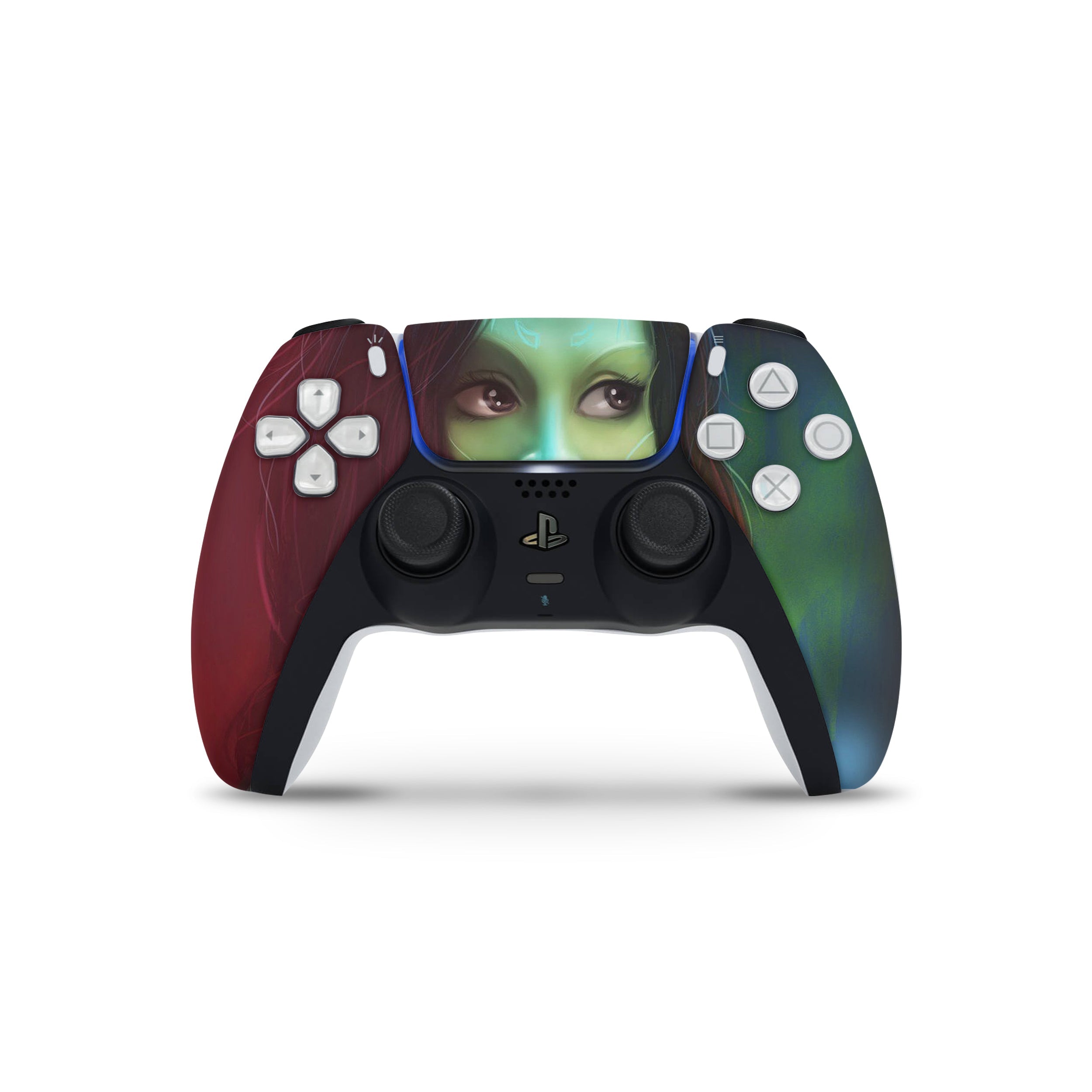 A video game skin featuring a Marvel Guardians of the Galaxy Gamora design for the PS5 DualSense Controller.