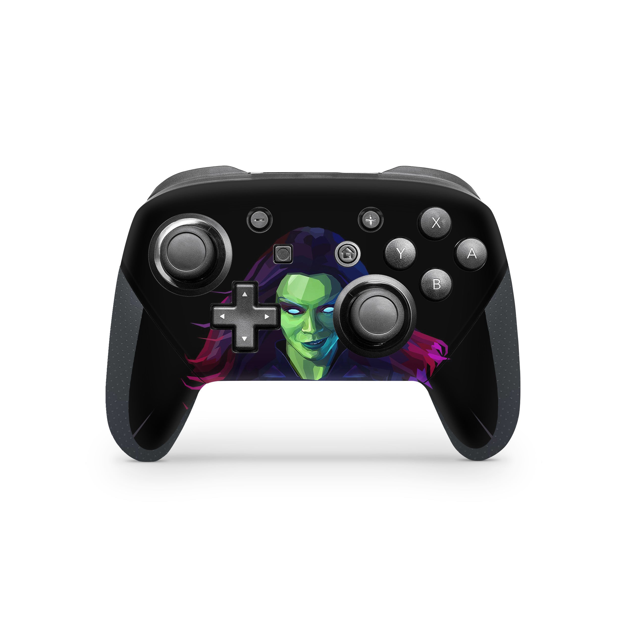 A video game skin featuring a Marvel Guardians of the Galaxy Gamora design for the Switch Pro Controller.