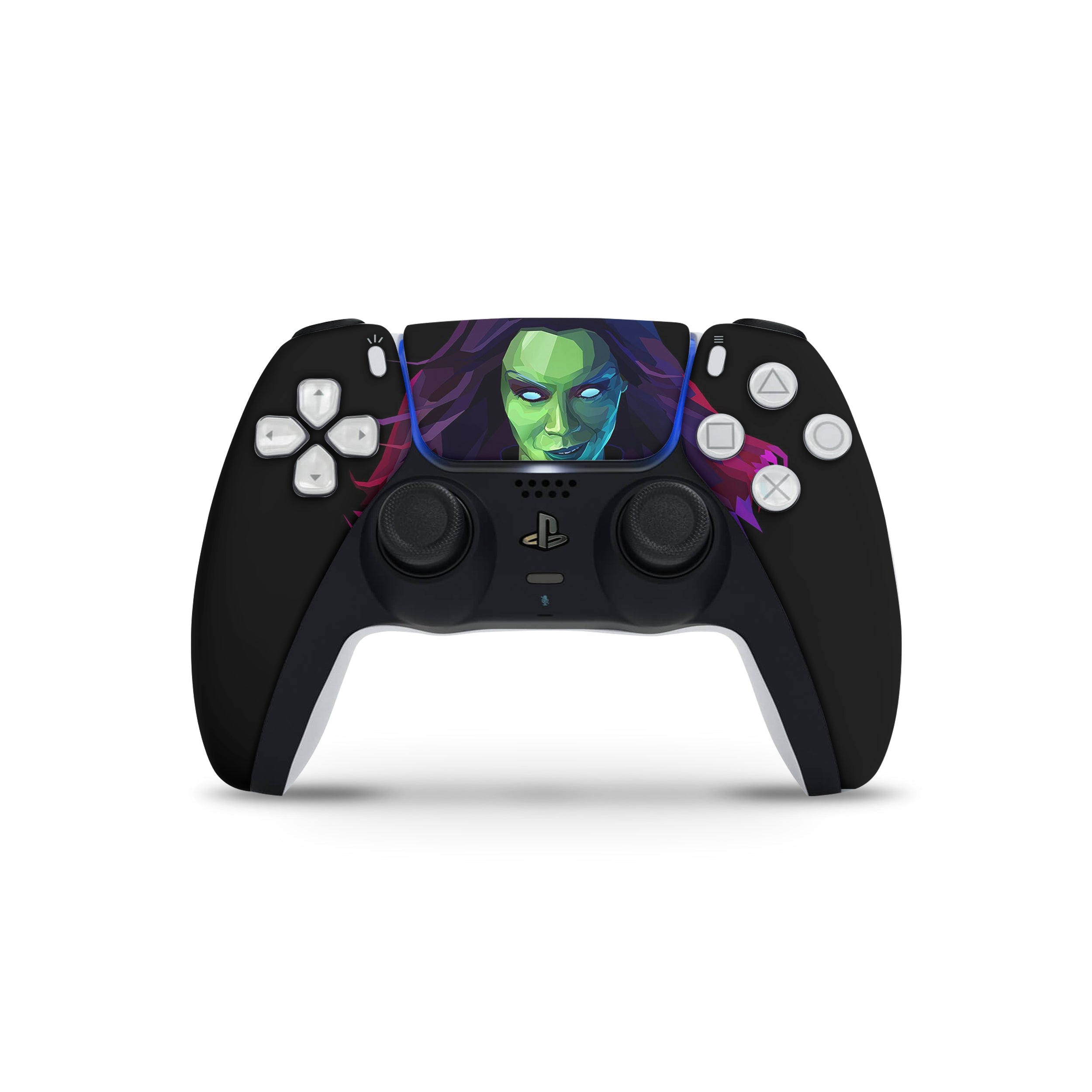 A video game skin featuring a Marvel Guardians of the Galaxy Gamora design for the PS5 DualSense Controller.