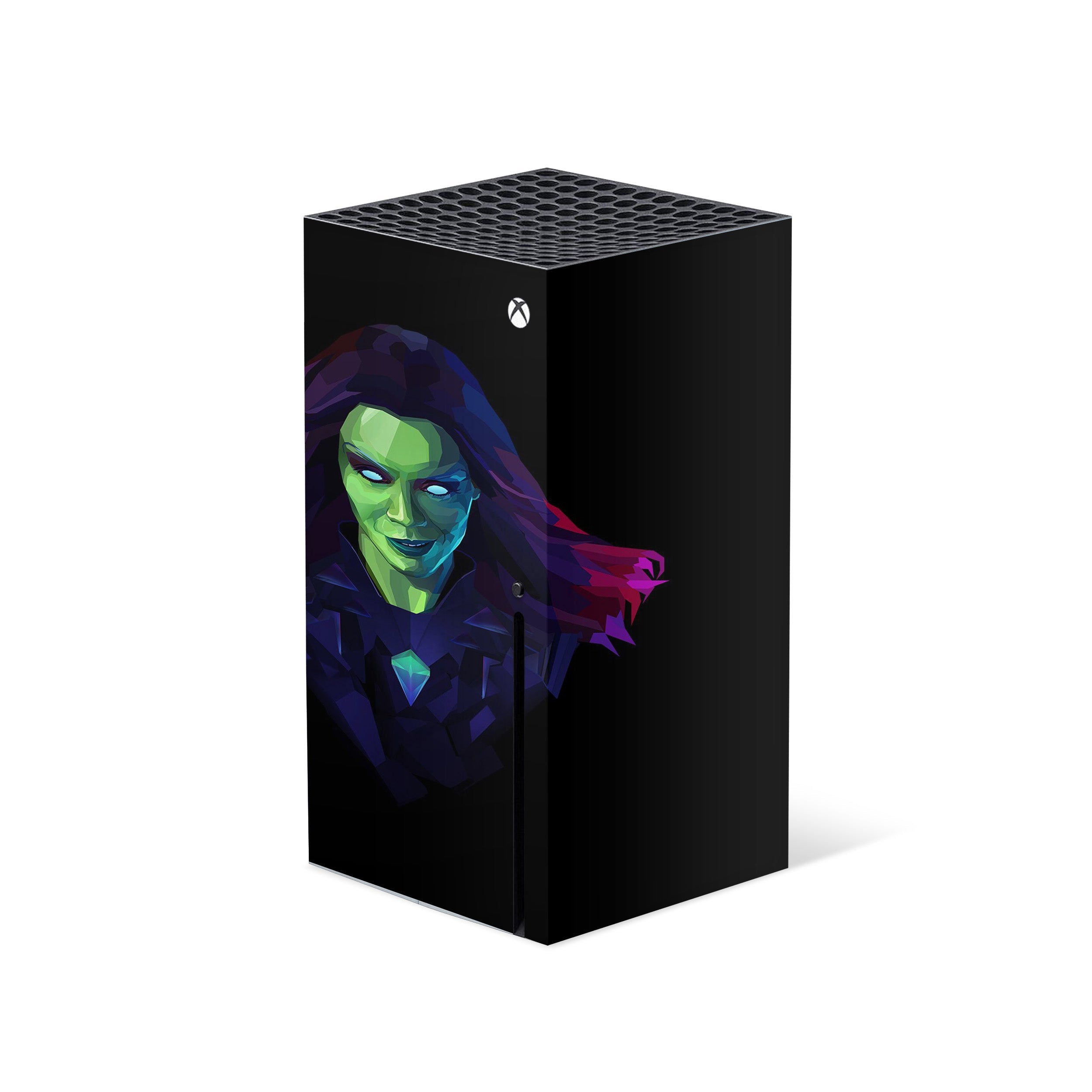 A video game skin featuring a Marvel Guardians of the Galaxy Gamora design for the Xbox Series X.