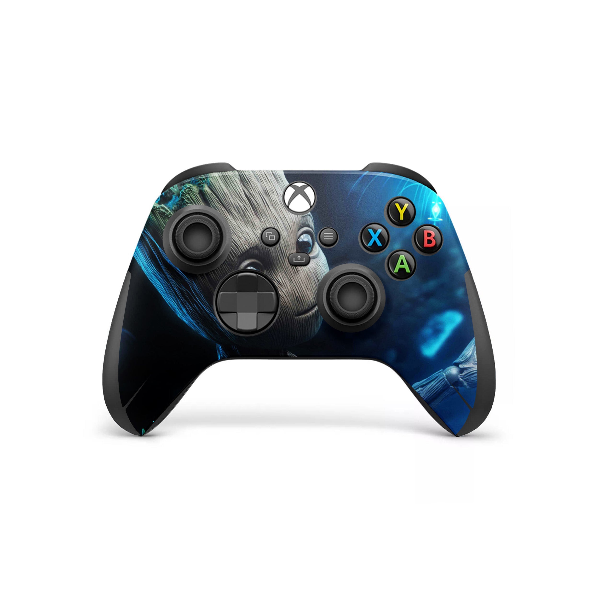 A video game skin featuring a Marvel Guardians of the Galaxy Groot design for the Xbox Wireless Controller.