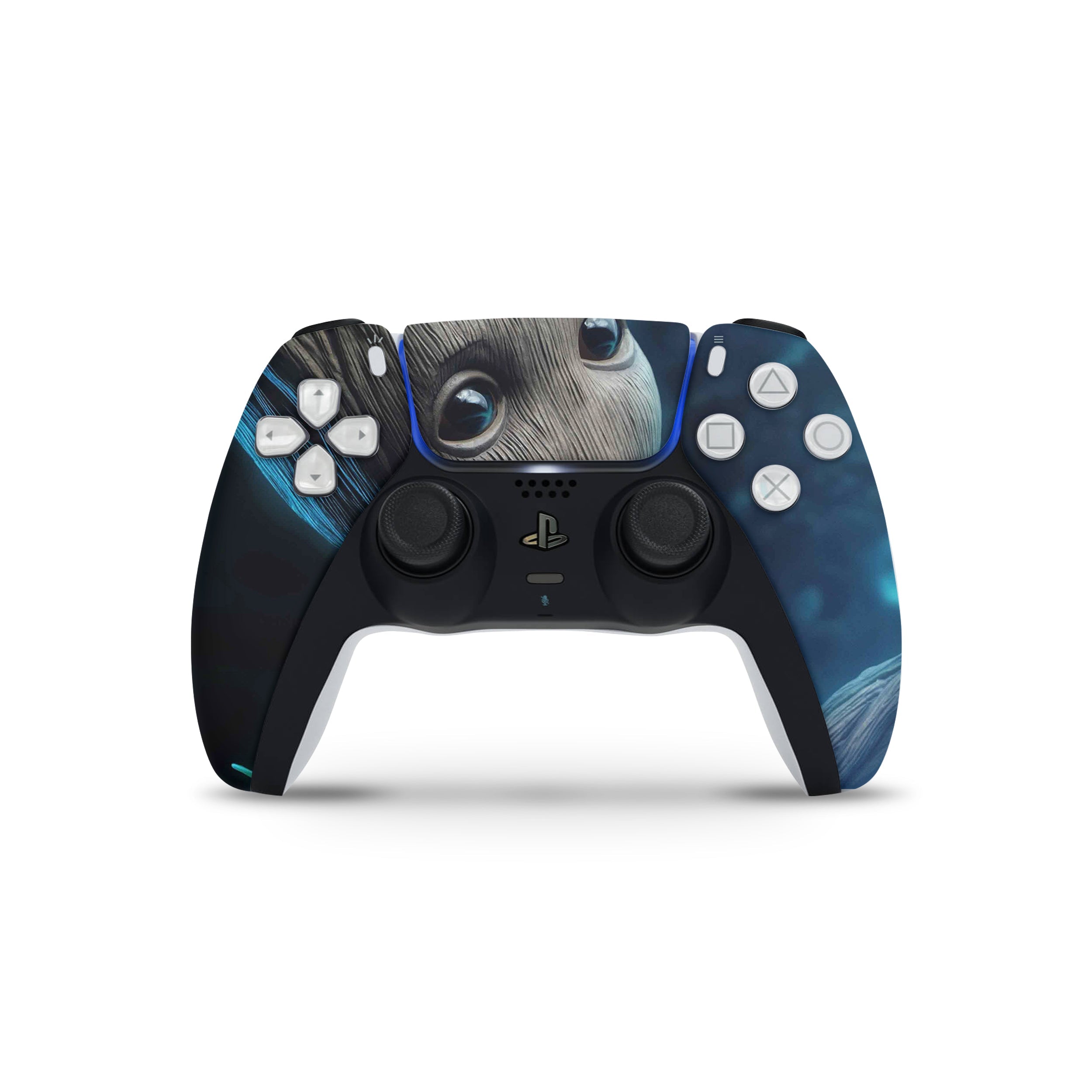 A video game skin featuring a Marvel Guardians of the Galaxy Groot design for the PS5 DualSense Controller.