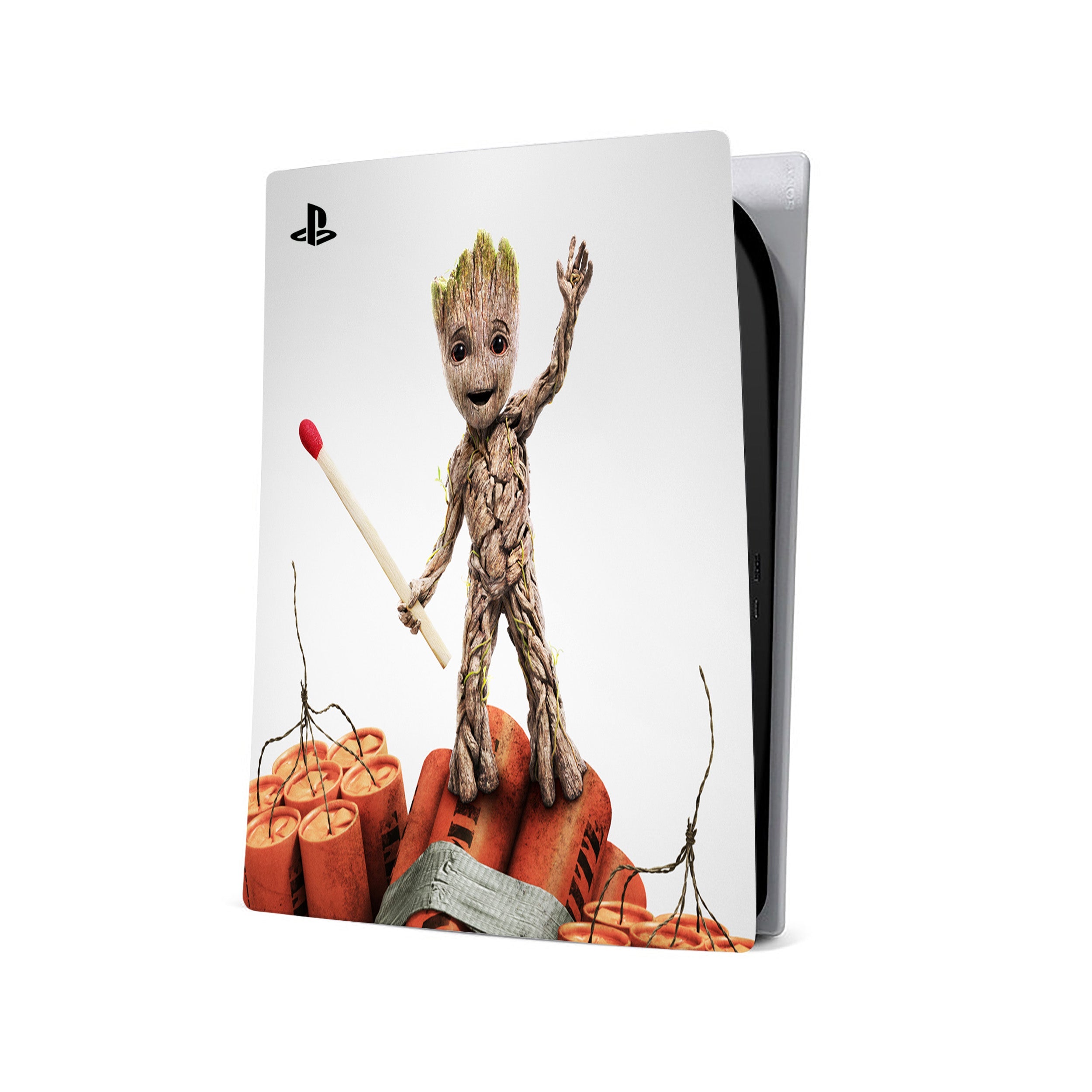 A video game skin featuring a Marvel Guardians of the Galaxy Groot design for the PS5.