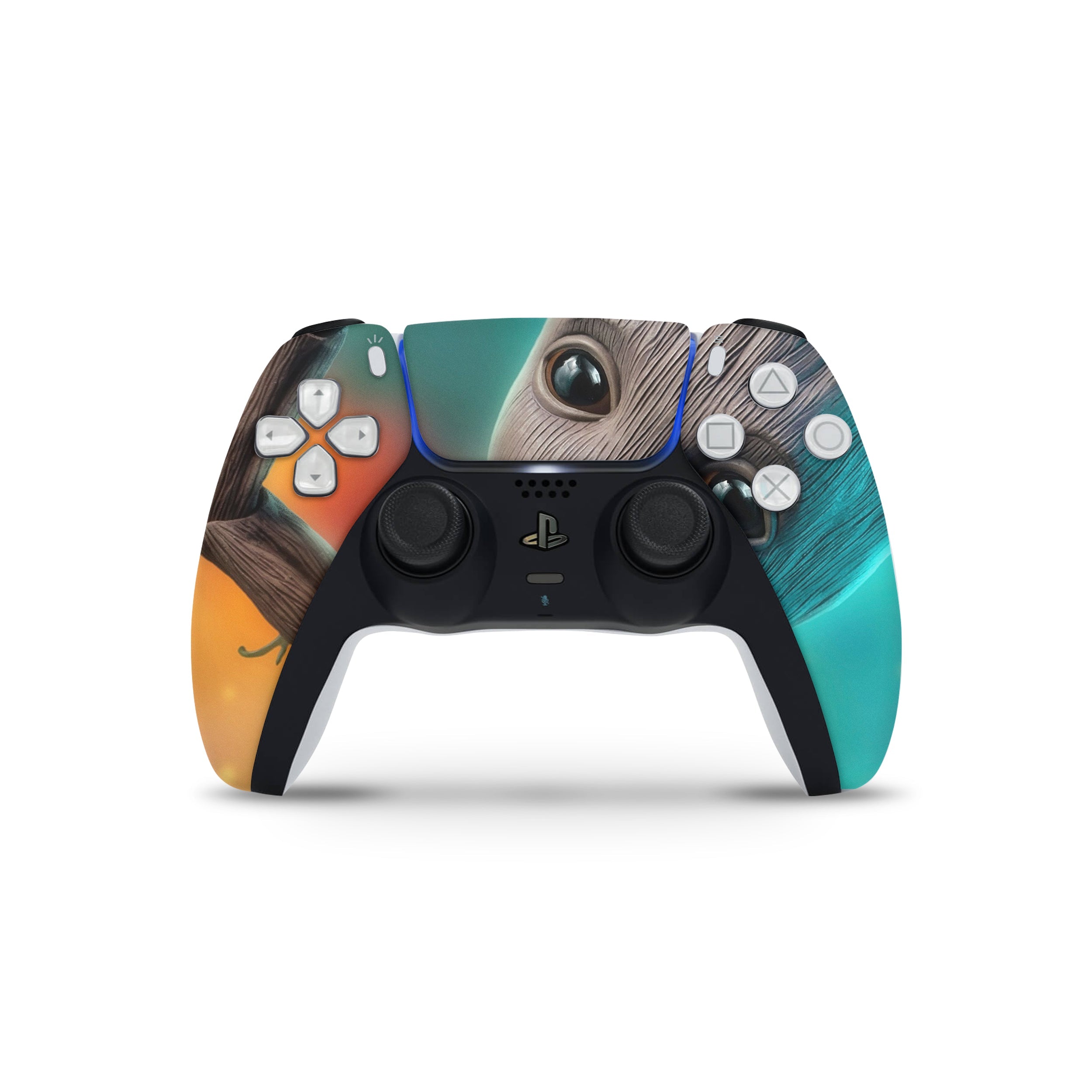 A video game skin featuring a Marvel Guardians of the Galaxy Groot design for the PS5 DualSense Controller.
