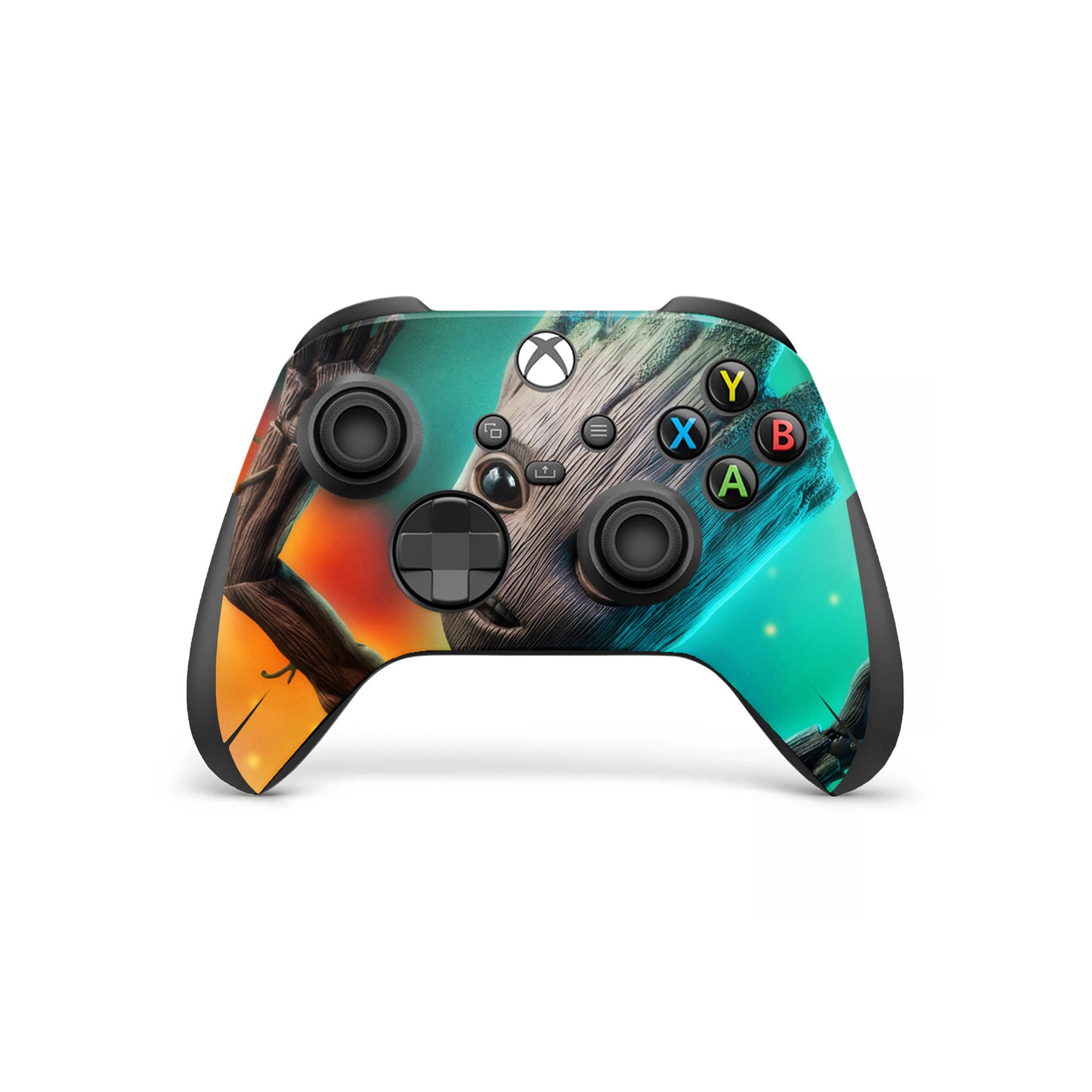 A video game skin featuring a Marvel Guardians of the Galaxy Groot design for the Xbox Wireless Controller.