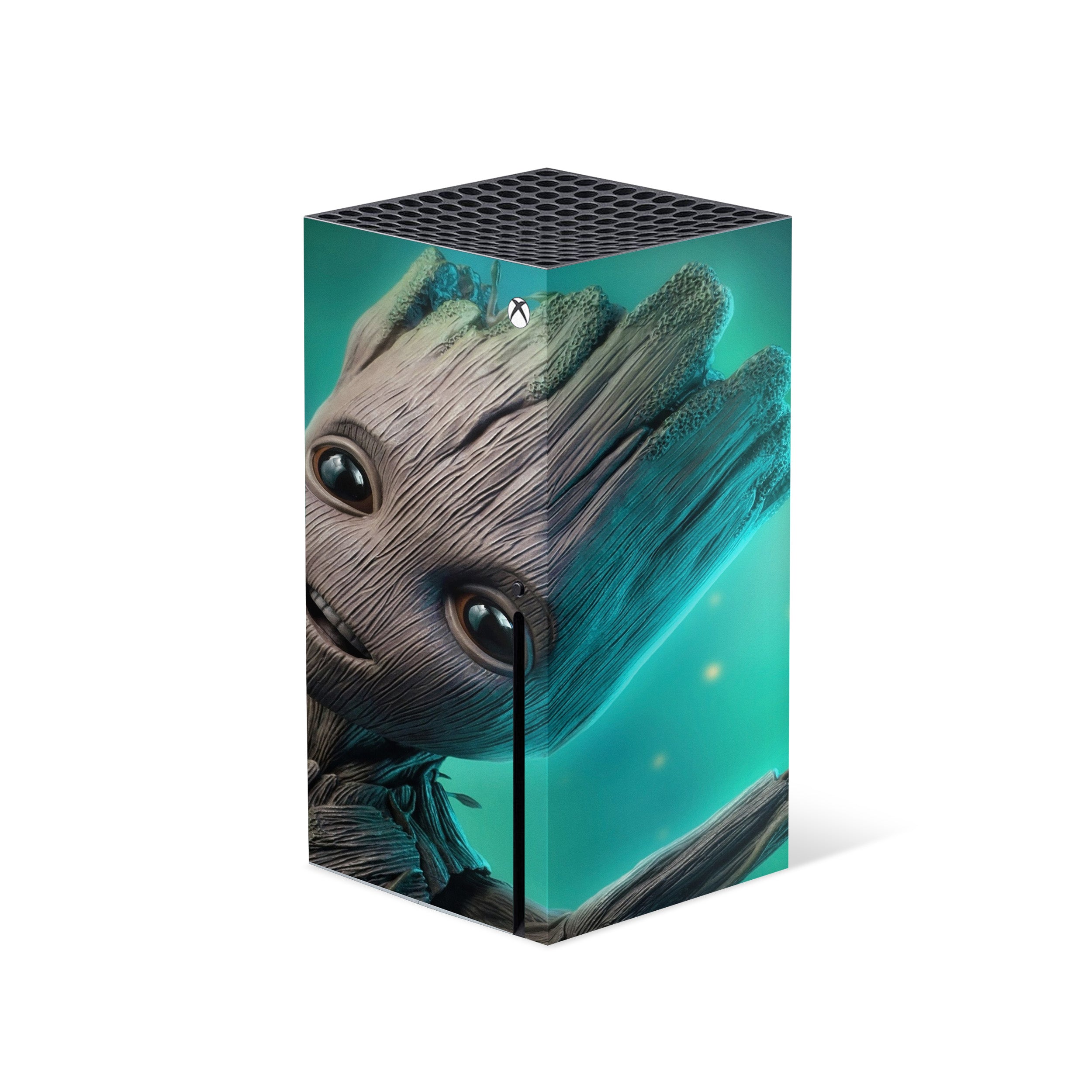 A video game skin featuring a Marvel Guardians of the Galaxy Groot design for the Xbox Series X.