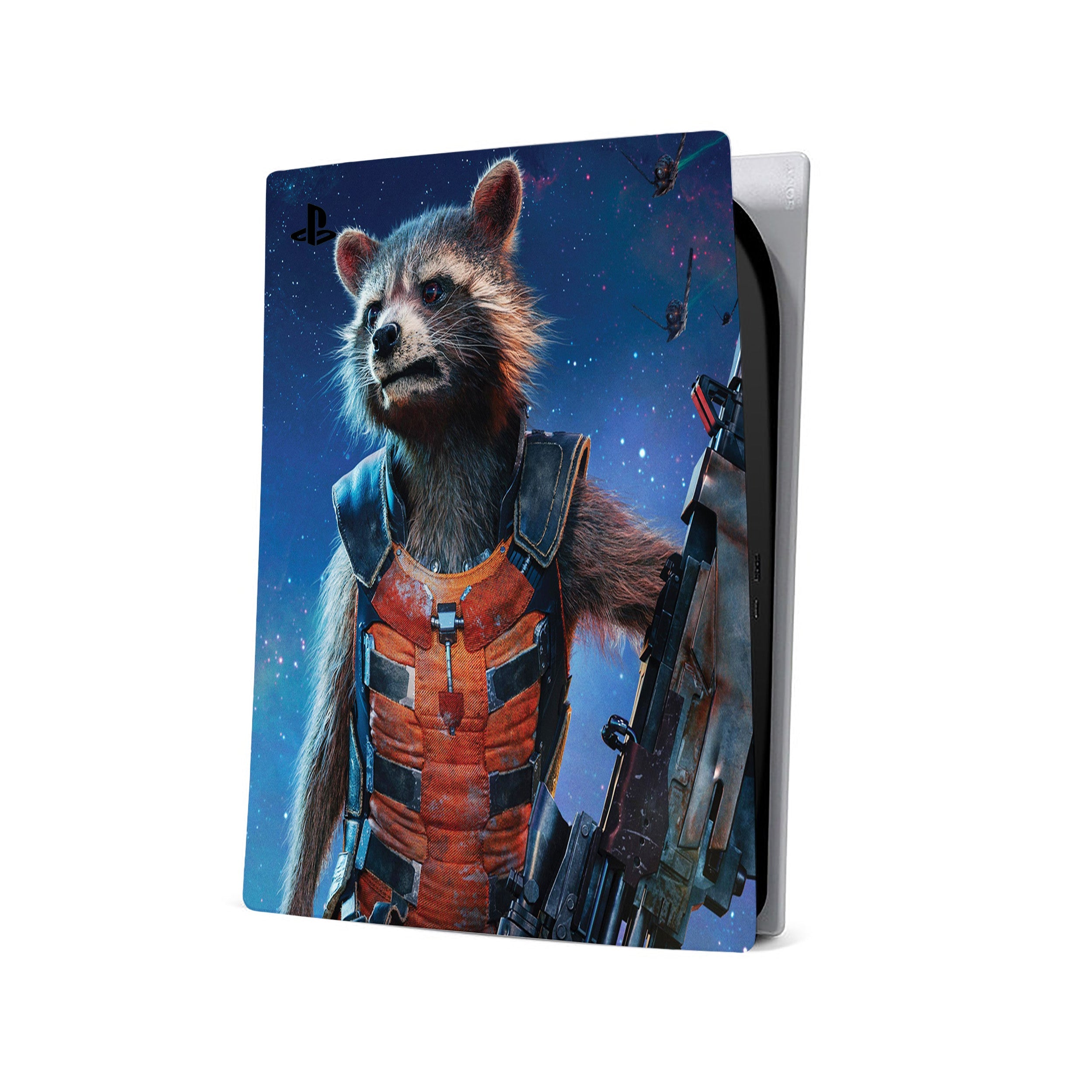 A video game skin featuring a Marvel Guardians of the Galaxy Rocket design for the PS5.