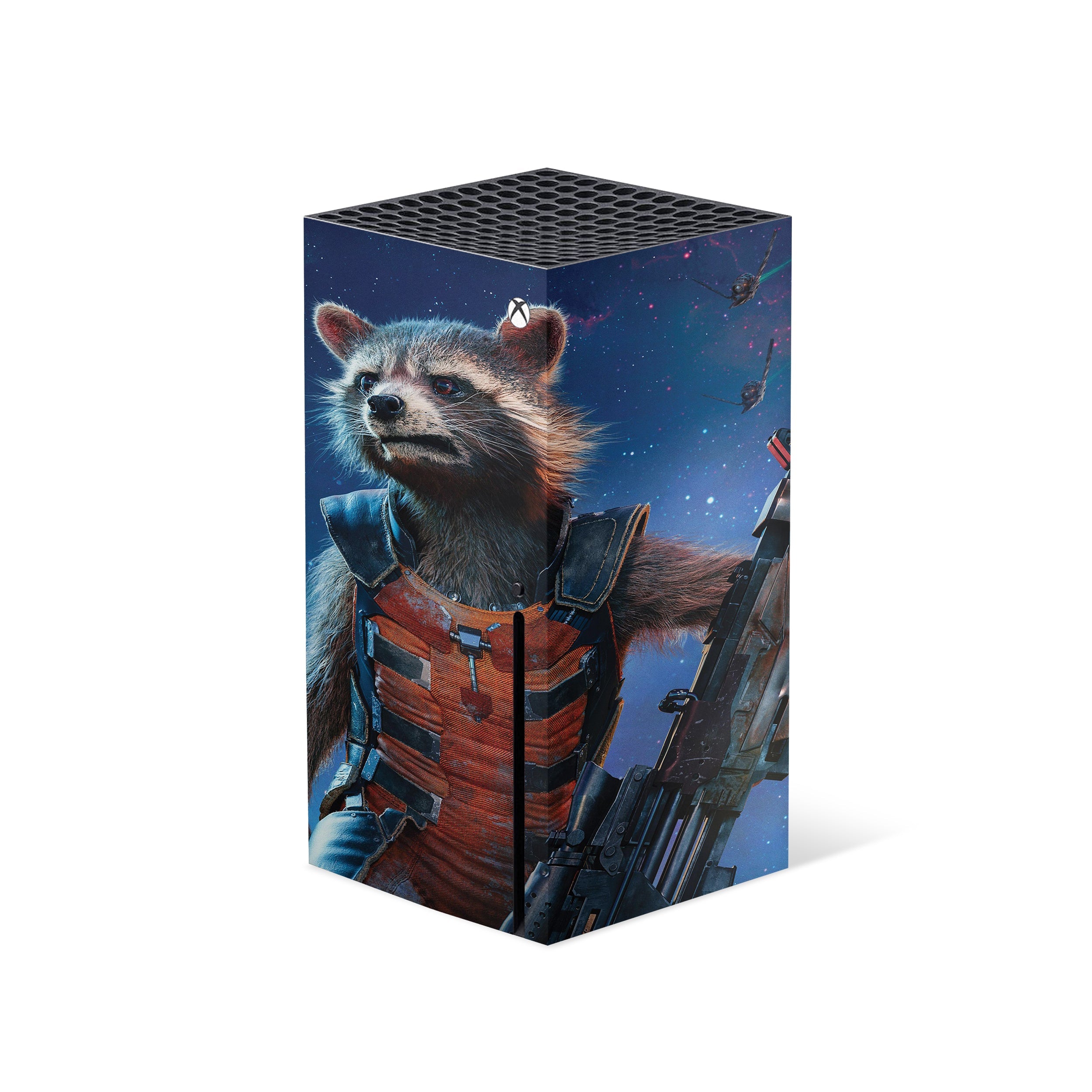 A video game skin featuring a Marvel Guardians of the Galaxy Rocket design for the Xbox Series X.