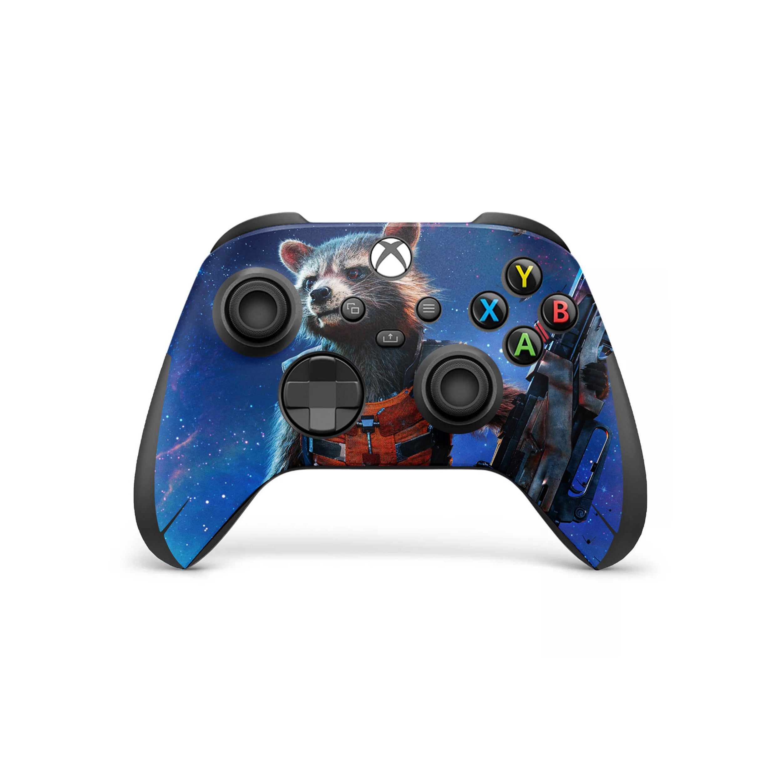 A video game skin featuring a Marvel Guardians of the Galaxy Rocket design for the Xbox Wireless Controller.