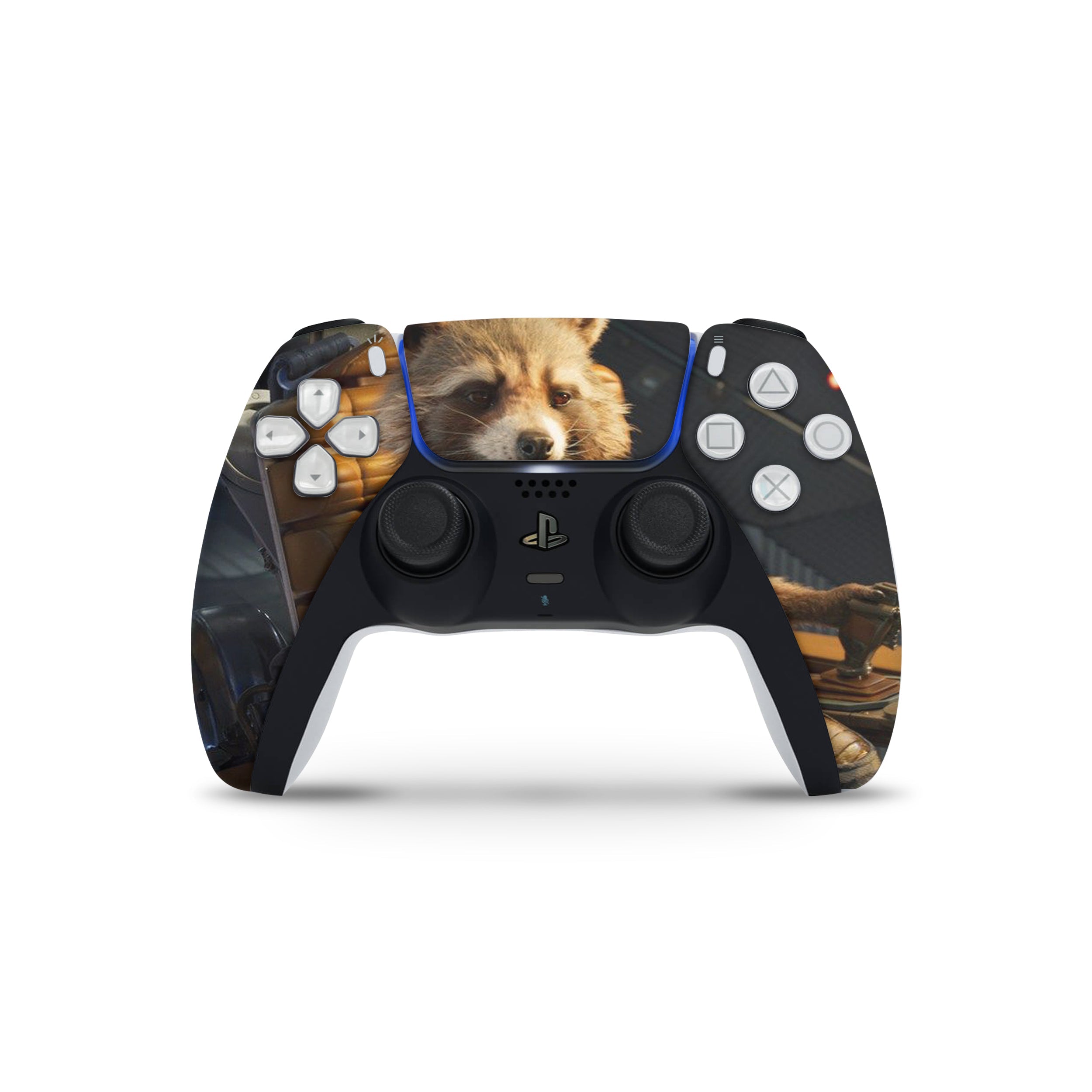 A video game skin featuring a Marvel Guardians of the Galaxy Rocket design for the PS5 DualSense Controller.
