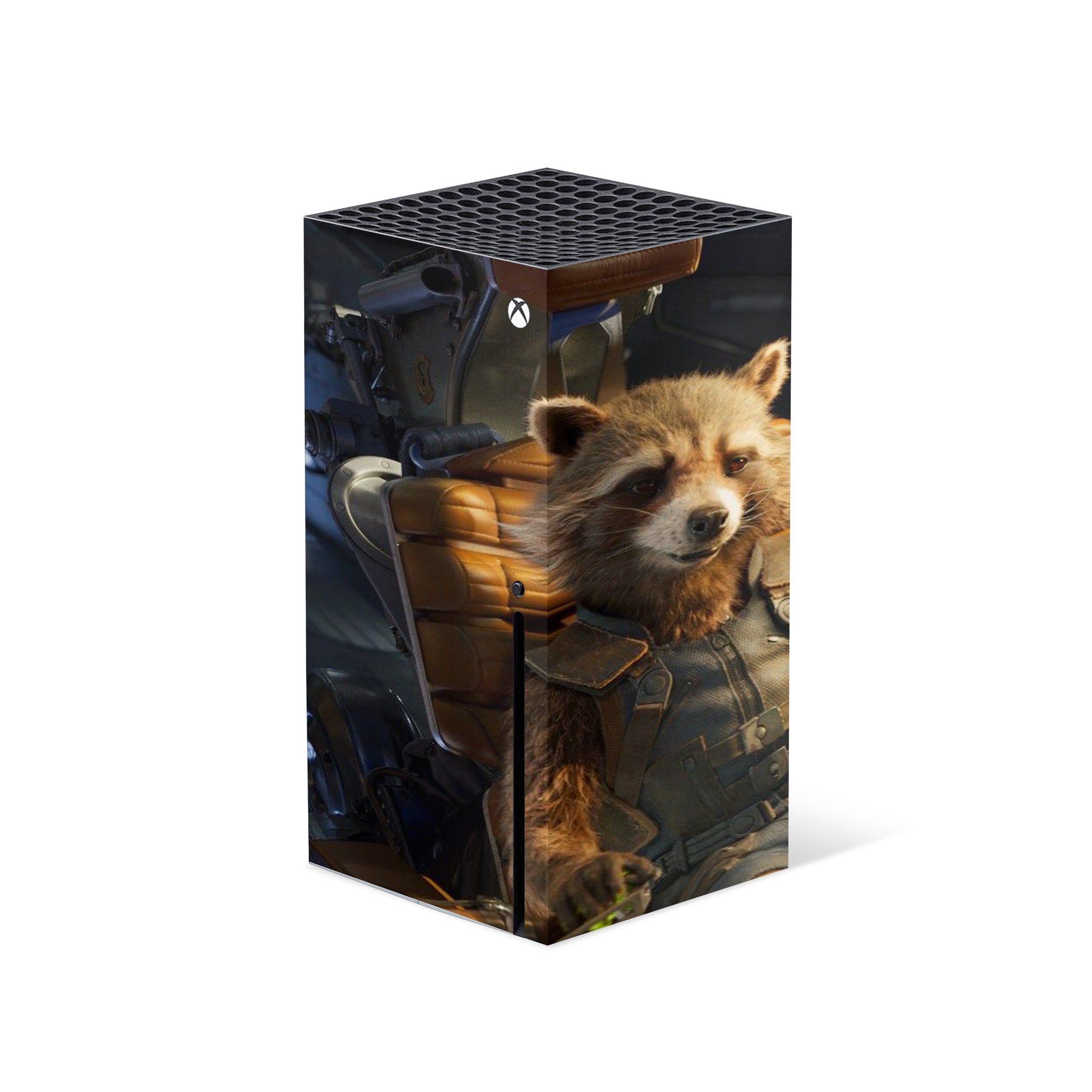 A video game skin featuring a Marvel Guardians of the Galaxy Rocket design for the Xbox Series X.