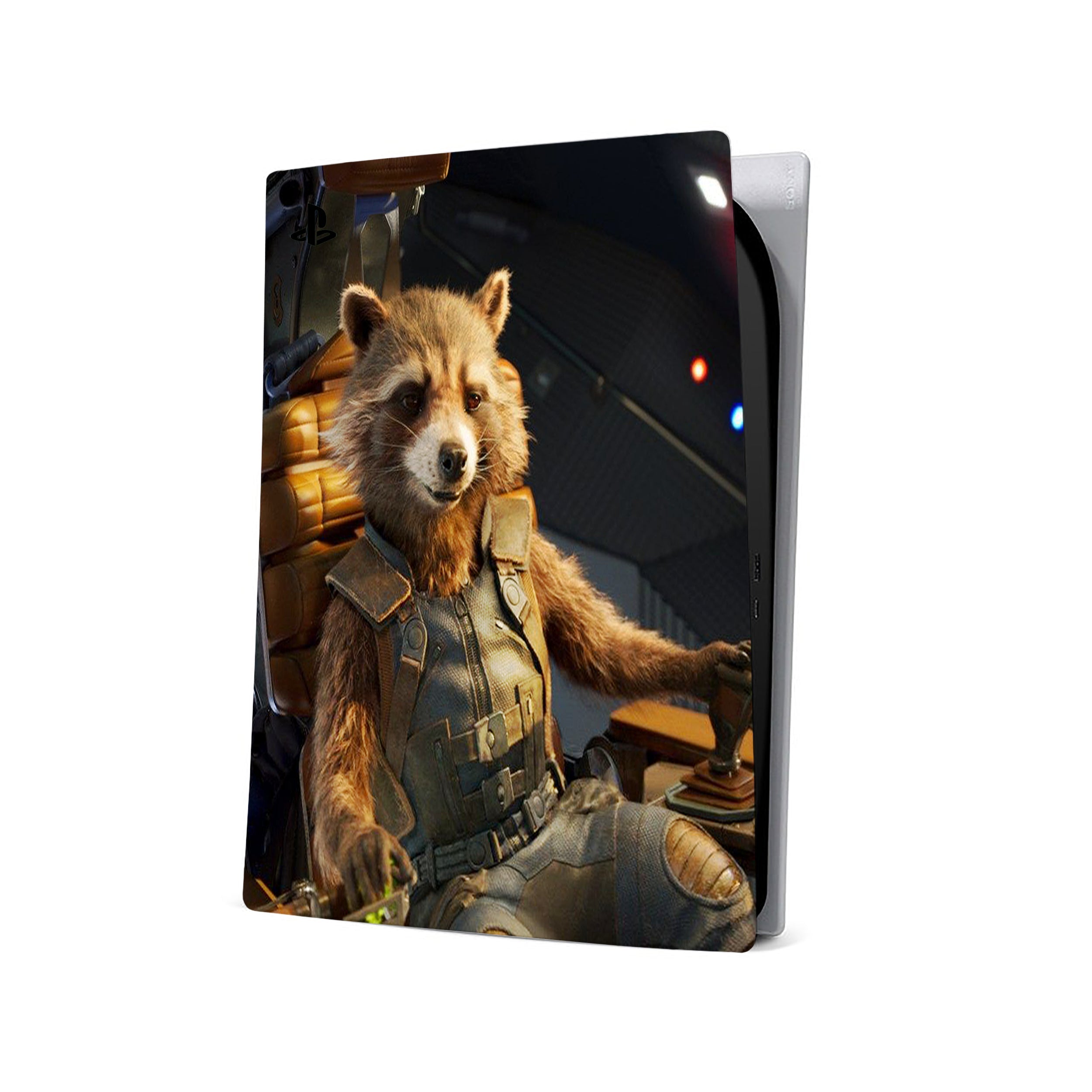 A video game skin featuring a Marvel Guardians of the Galaxy Rocket design for the PS5.